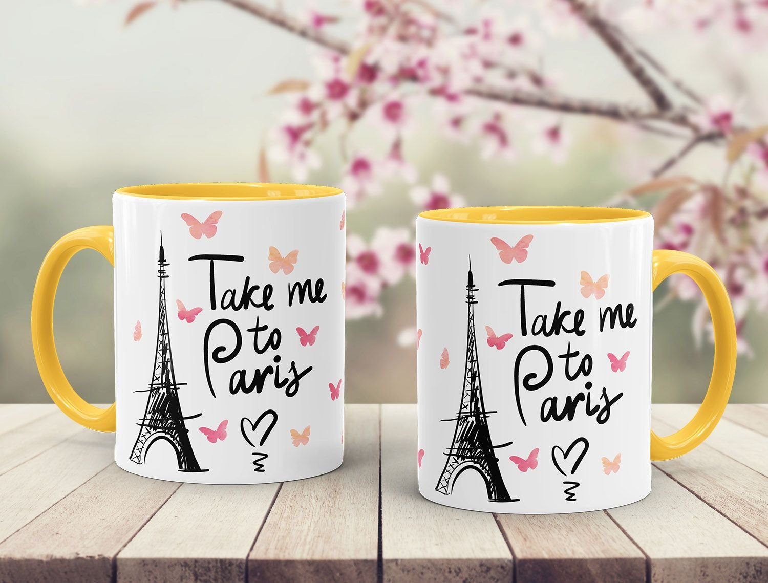 MoonWorks Tasse Kaffee-Tasse Take MoonWorks®, me Paris mit Frau Tasse Geschenk-Tasse Freundin für to gelb Keramik Innenfarbe