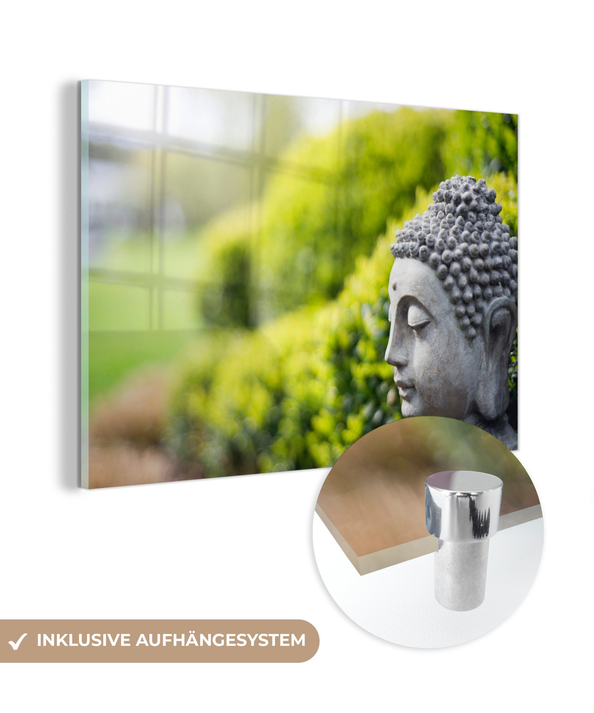 MuchoWow Acrylglasbild Buddha-Statue in einem Garten, (1 St), Acrylglasbilder Wohnzimmer & Schlafzimmer