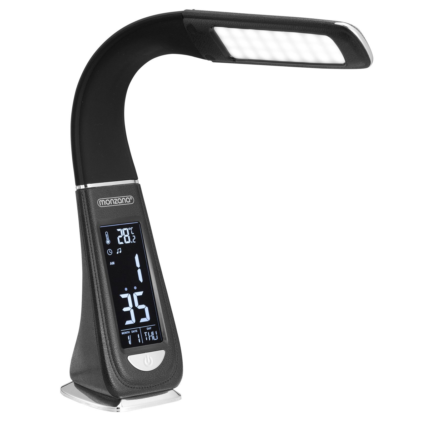 monzana Schreibtischlampe Lilly, Schwarz, LED Schreibtischlampe mit Display Kalender Uhr Wecker Thermometer