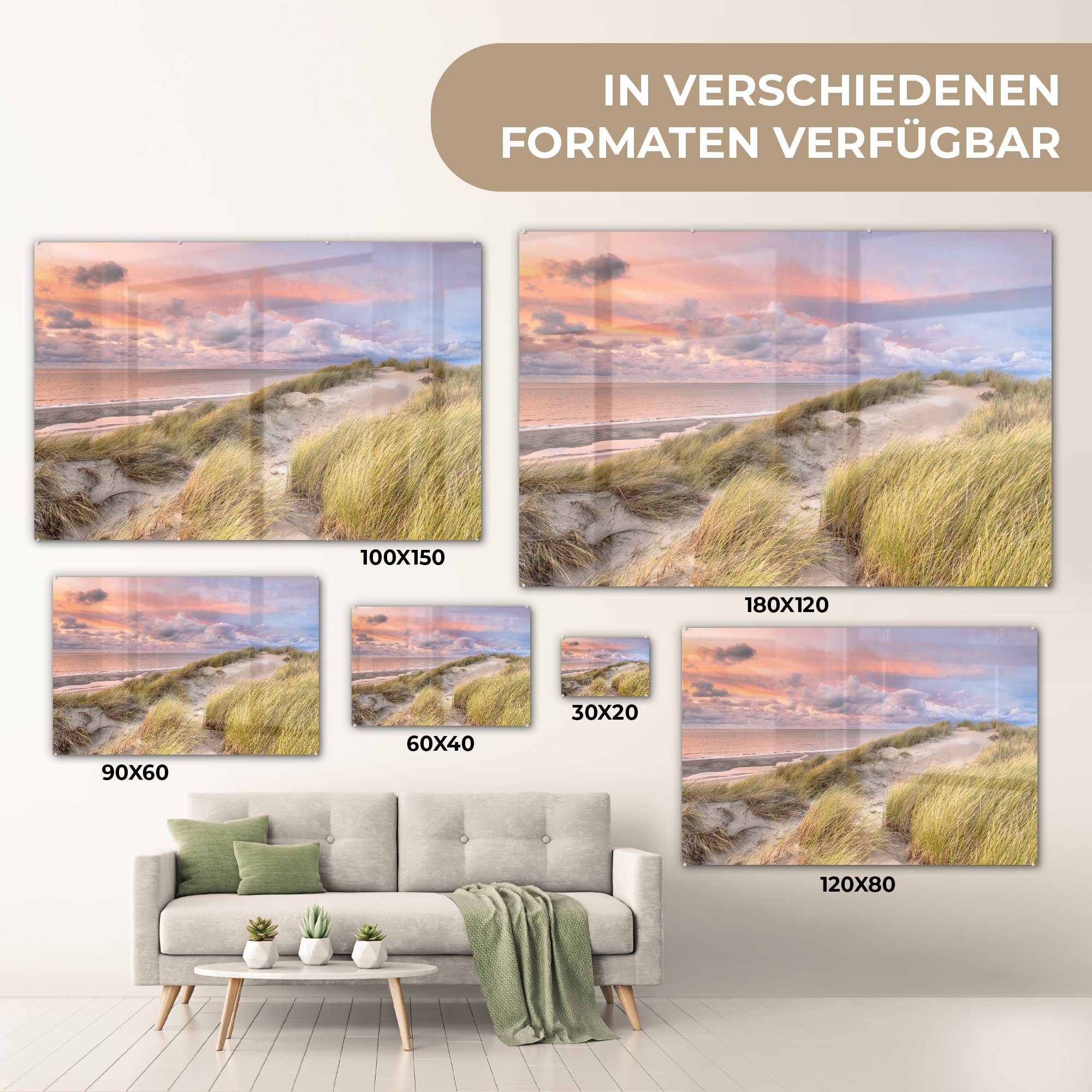 MuchoWow Acrylglasbild Strand - auf Bilder auf Wandbild - Wanddekoration St), Sonnenuntergang, - - Foto Glasbilder - Glas Meer Düne - Glas (1
