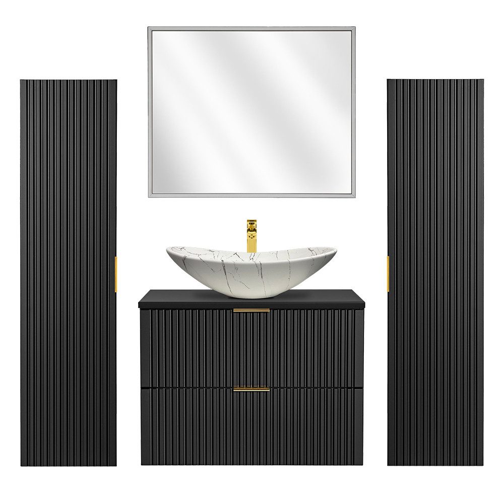 Lomadox Badmöbel-Set ADELAIDE-56-BLACK, (Spar-Set, 4-St), weiß marmoriert LED-Spiegel matt schwarz gerillt 180/200/46,5 cm