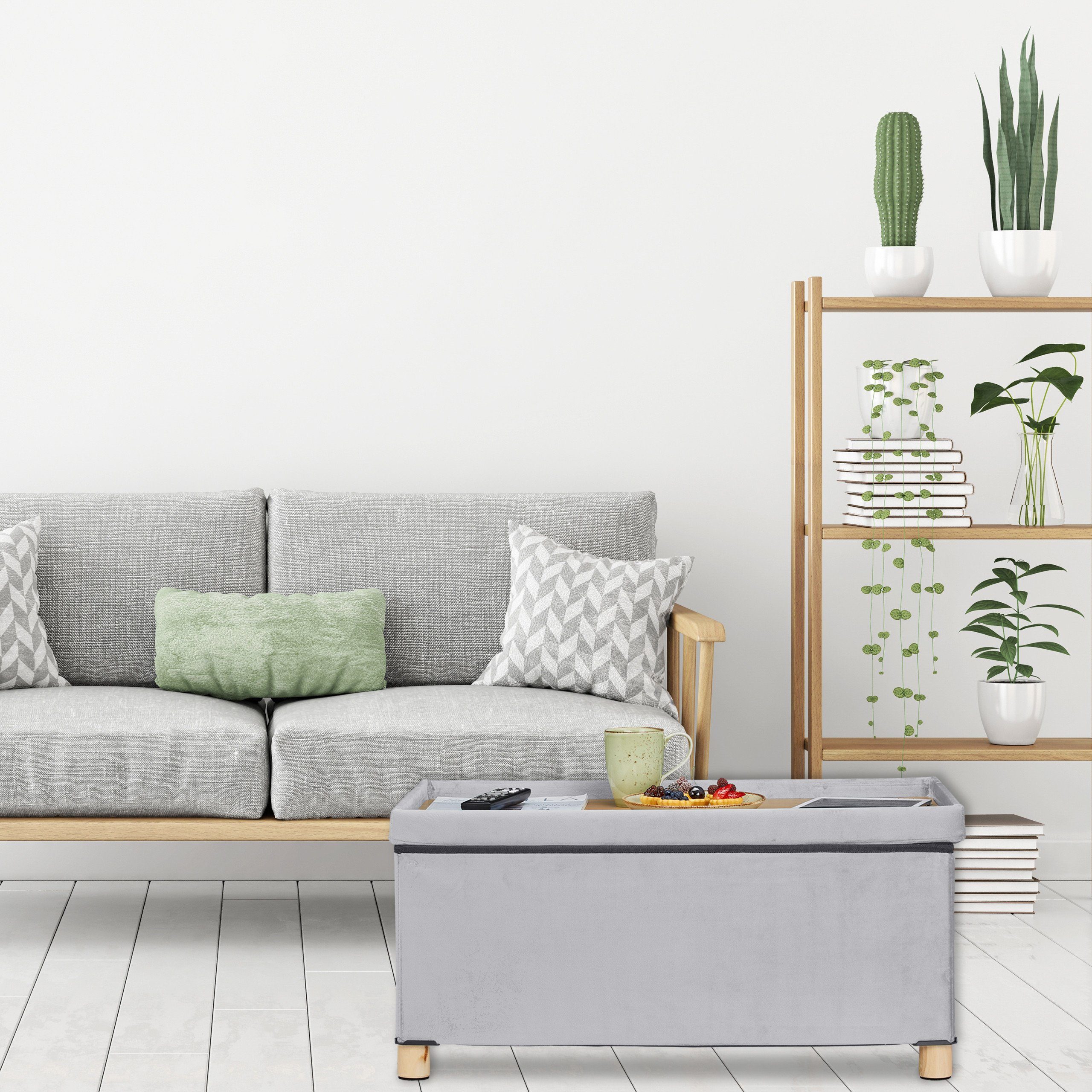 relaxdays Sitztruhe Sitzbank mit Samtbezug und Holzfüße (5-St), Hellgrau – Bild 2 von 5