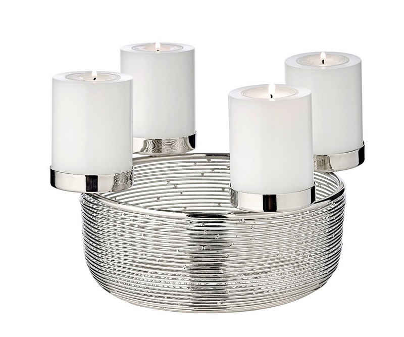 EDZARD Adventskranz Rio, (26 cm) Kerzenhalter für Stumpenkerzen, Adventsleuchter als Weihnachtsdeko für 4 Kerzen á Ø 6 cm, Kerzenkranz als Tischdeko aus Edelstahl mit Silber-Optik