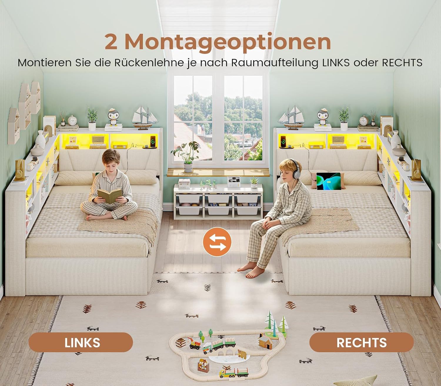 MSMASK Polsterbett mit LED-Beleuchtung & Ladestation, 9 Staufächern & 2 Schubladen, Grau (1-tlg), LED-Beleuchtung, USB-Ladestation, gepolstertes Kopfteil