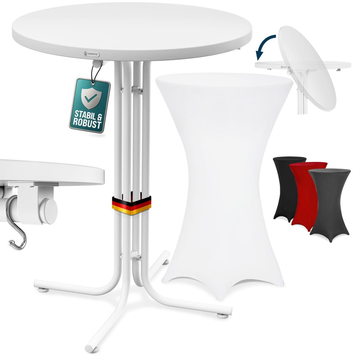 Casaria Stehtisch, Klappbar mit Husse Weiß 70cm Hochtisch Rund Partytisch Outdoor