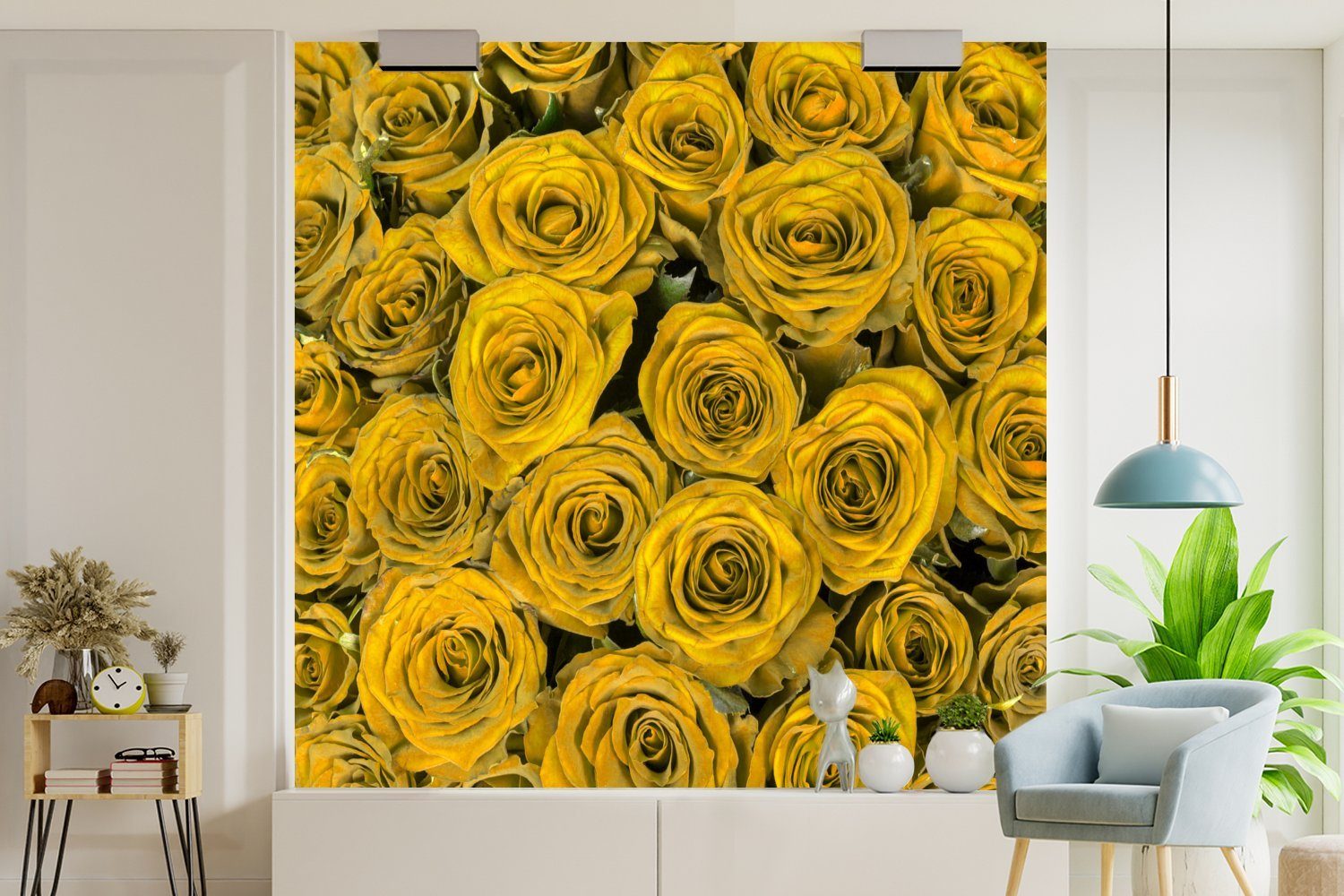 oder Matt, Vinyl Wandtapete - MuchoWow Schlafzimmer, Rosen für Tapete Blumenstrauß, St), (5 Wohnzimmer - Gelb Fototapete bedruckt,