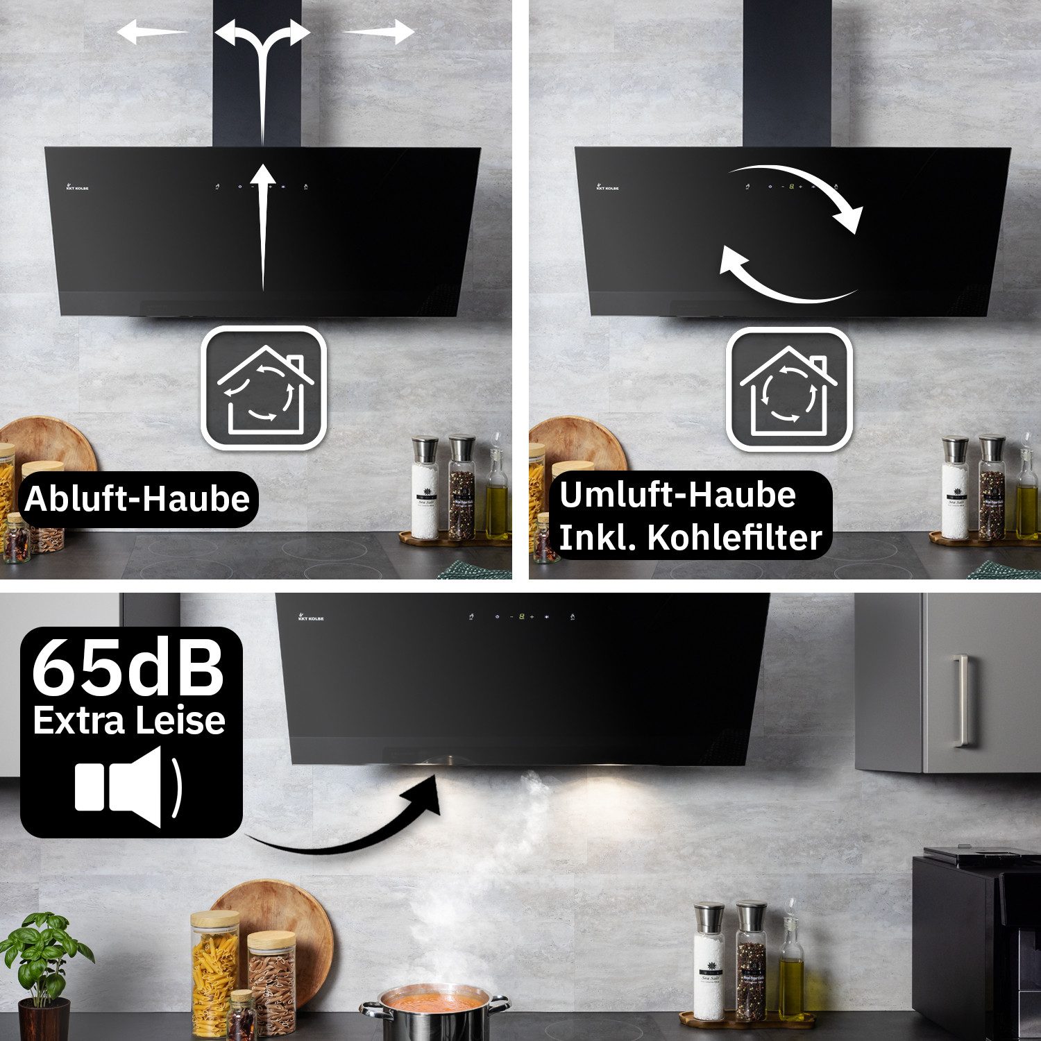 KKT KOLBE Wandhaube Dunstabzugshaube 90cm TRIO9025S Dunstabzugshaube 90cm TRIO9025S, Abzugshaube / Abluft / 90cm / Umluft / Schwarz / Gestensteuerung / LED