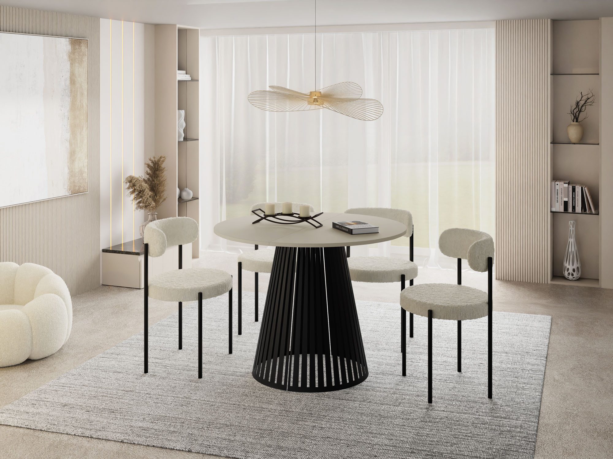 WFL GROUP Esstisch Naro Black ausziehbar rund modern mit schwarzen Metallbeinen (MADE IN EU, erhältlich in 2 Größen – 100/120 cm, ausziehbar auf 180/200 cm), platzsparender Tisch mit Lamellen für Küche, Esszimmer oder Wohnzimmer