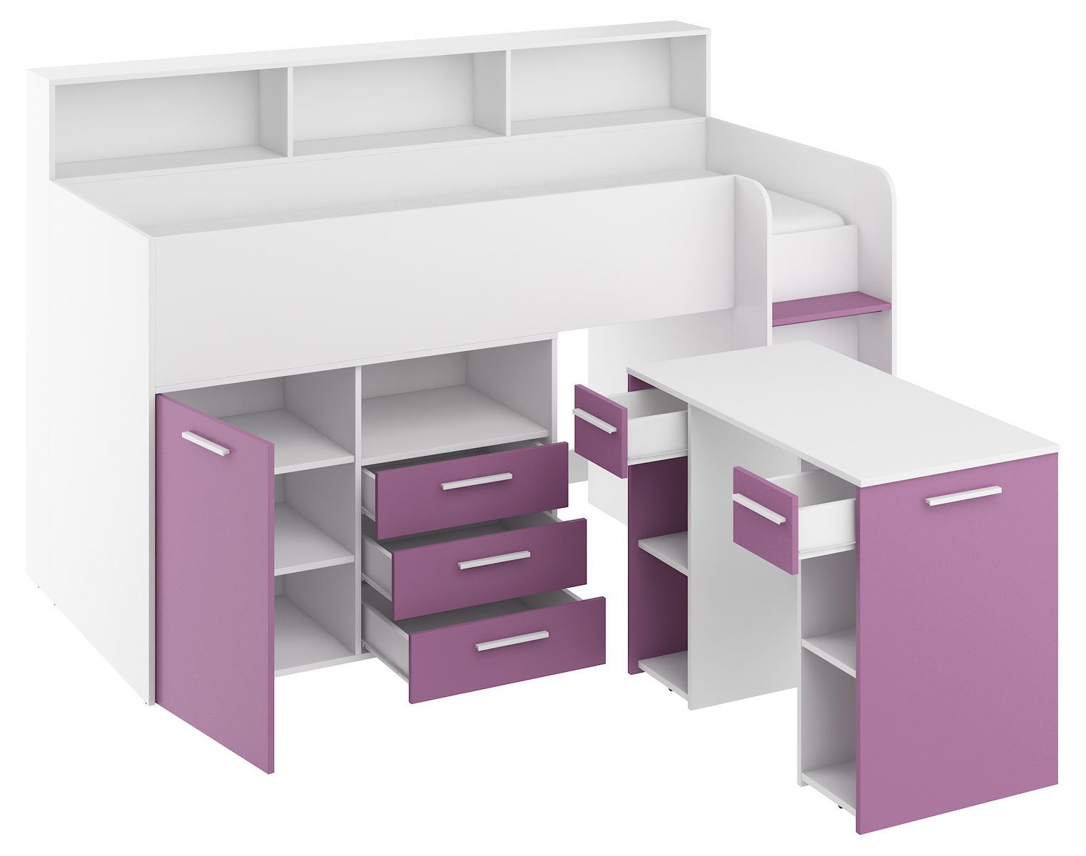 Violett Breite und Regal Matt 206cm, Schränken, Domando Schreibtisch Hochbett Talamone integrierten Hochbett mit und Weiß
