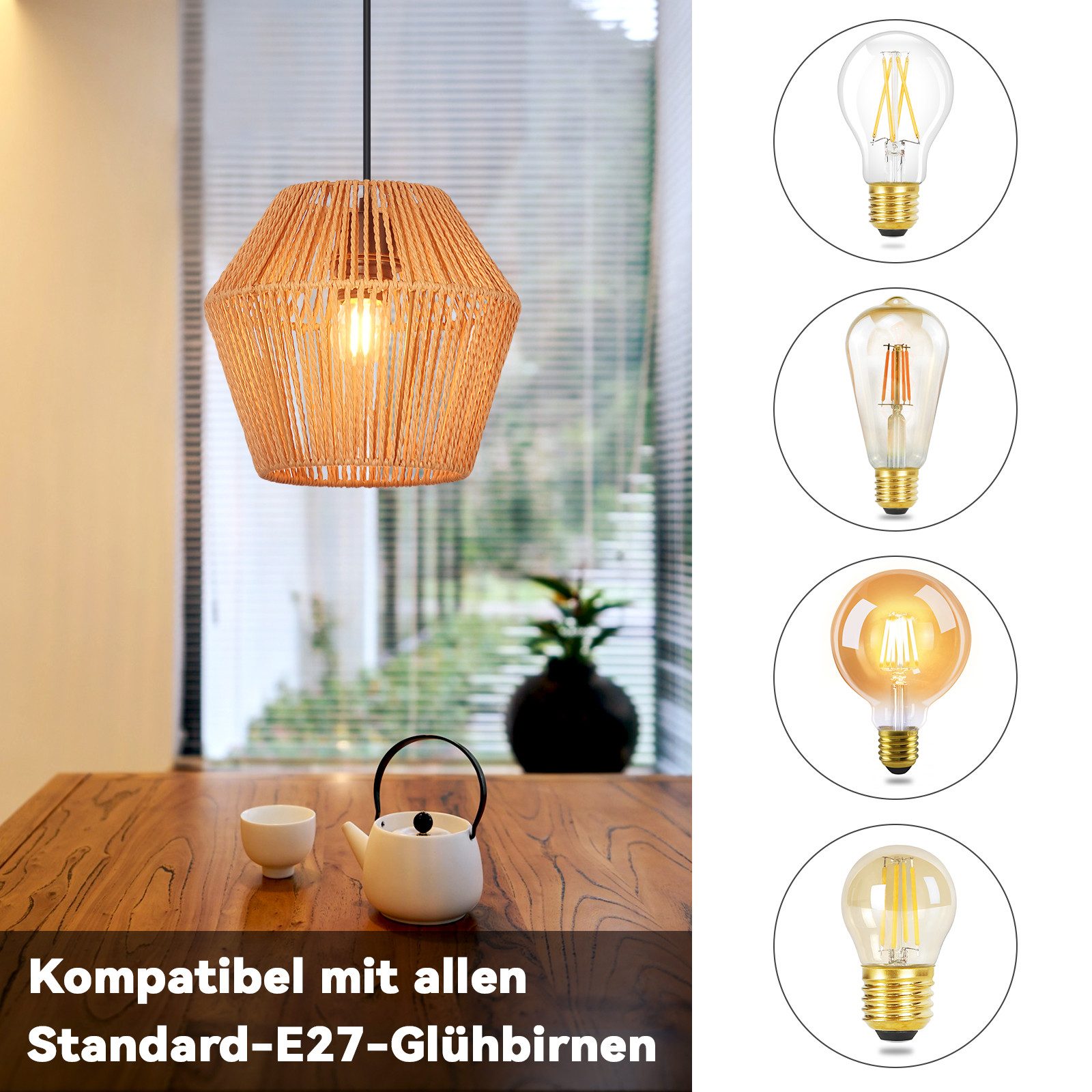 Nettlife Hängeleuchte Vintage Esszimmer Pendelleuchte Rattan 150cm E27 Boho Rustikal, Höhenverstellbar, ohne Leuchtmittel, Rustikal Esstischlampe Korblampe für Wohnzimmer Schlafzimmer Küche