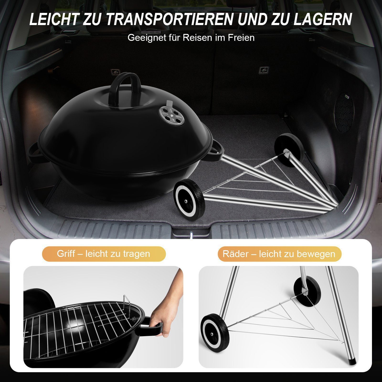 SunJas Holzkohlegrill Kugelgrill Campinggrill CA-20 mit Luftventilen Deckel und Rädern, Ø41,5 cm Geeignet für 4-6 Personen, BBQ Grills XXL Standgrill Grillwagen Rundgrill kohlegrill
