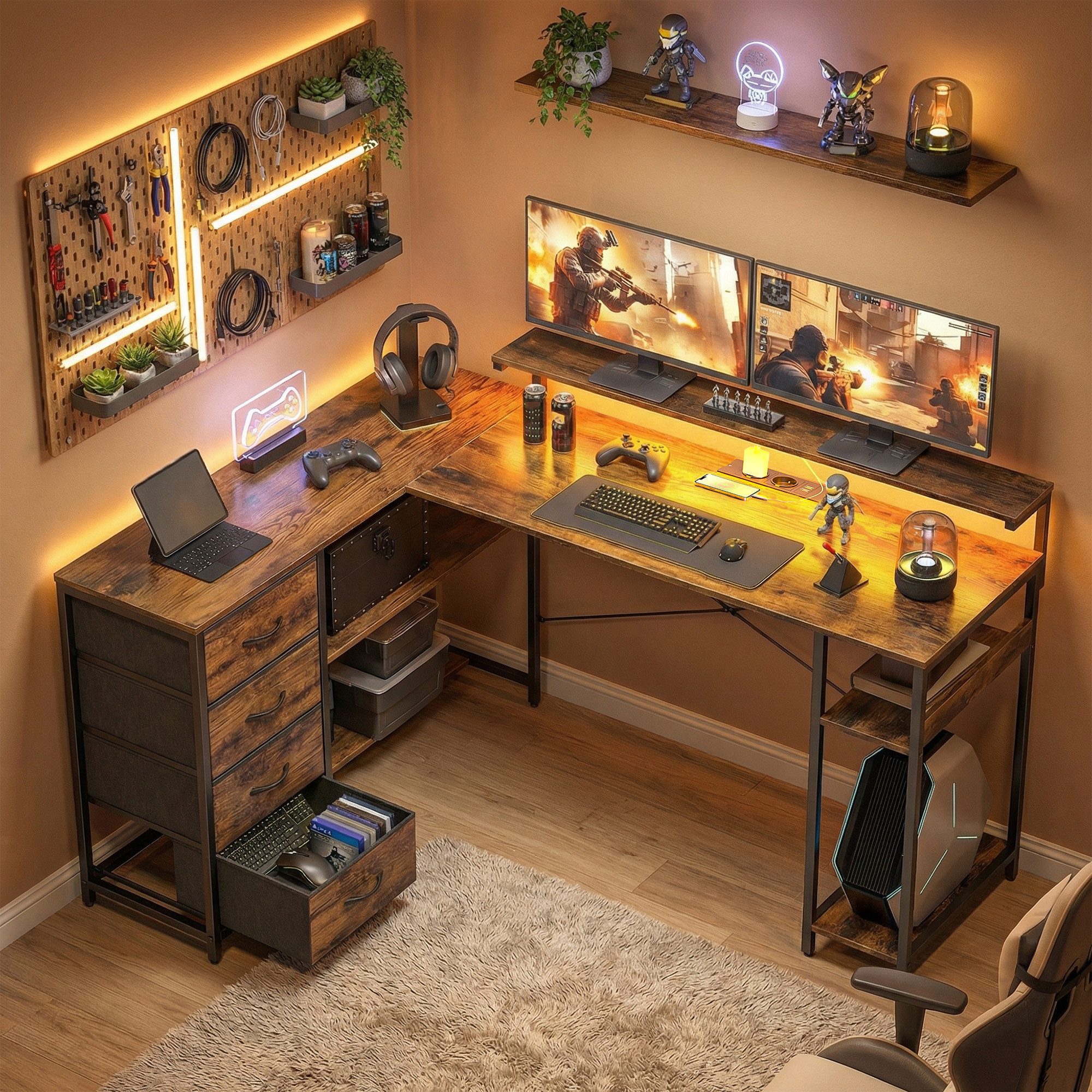 HOMCOM Schreibtisch Gaming Tisch, 4 Schubladen, Computertisch, Rustikal-Braun (Set, 1-St., 1 Tisch), L-förmig, LED, Stromanschluss, Monitorständer