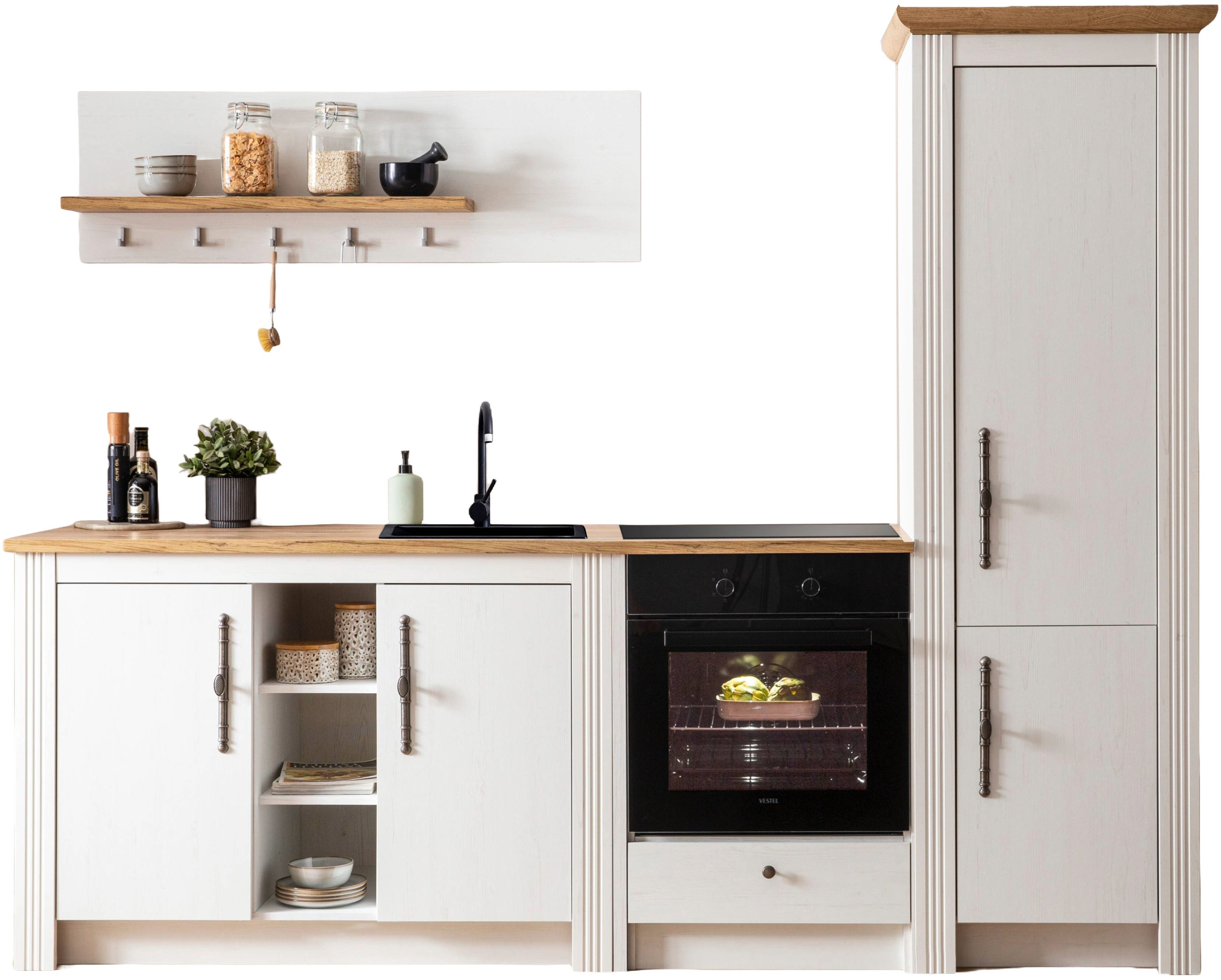 OTTO home Küchenzeile KS-Westminster, Pantryküche im Landhaus Stil, hochwertige Metallgriffe, (Set), Breite 257 cm, Kommode, Wandpaneel, Stauraumschrank, Herdumbau