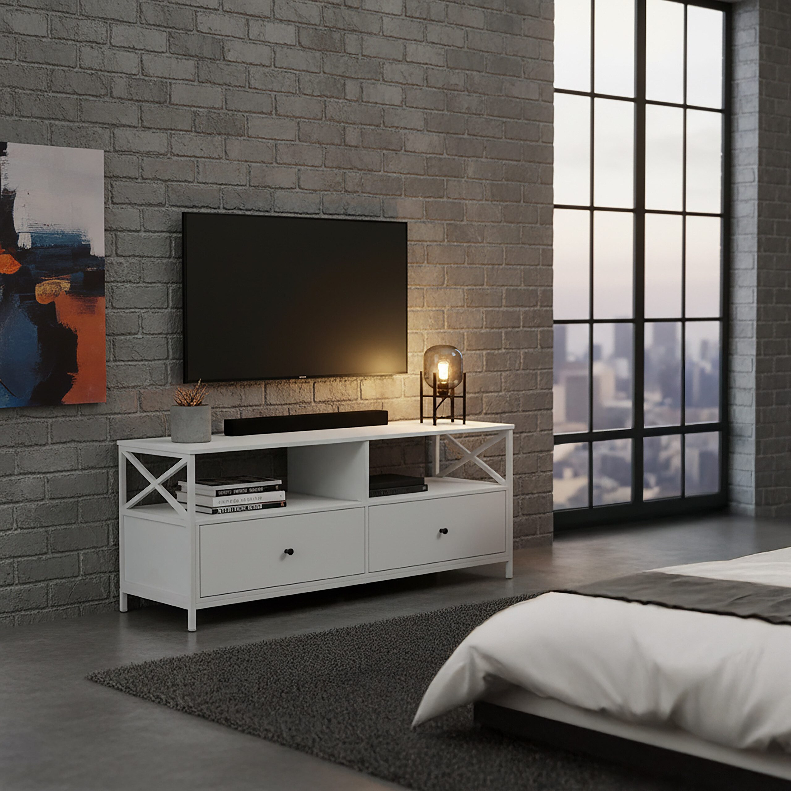 relaxdays TV-Bank TV Lowboard mit Schubladen, weiß