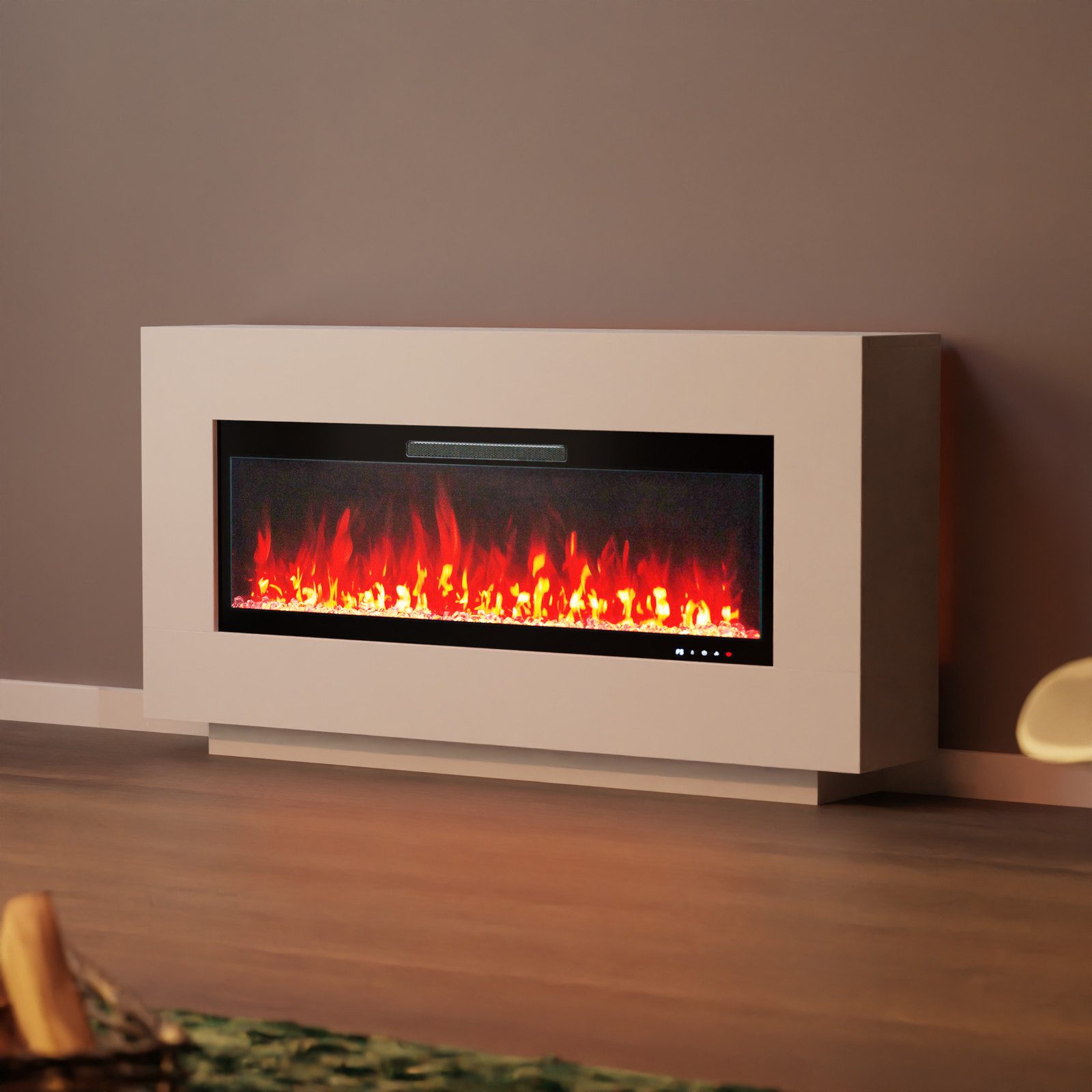 GLOW FIRE Elektrokamin Demeter 3D LED Kamin mit Heizung in weiß / grau / schwarz, Elektrischer Kamin mit 3D Feuer mit Heizung, 2 Dekorationen