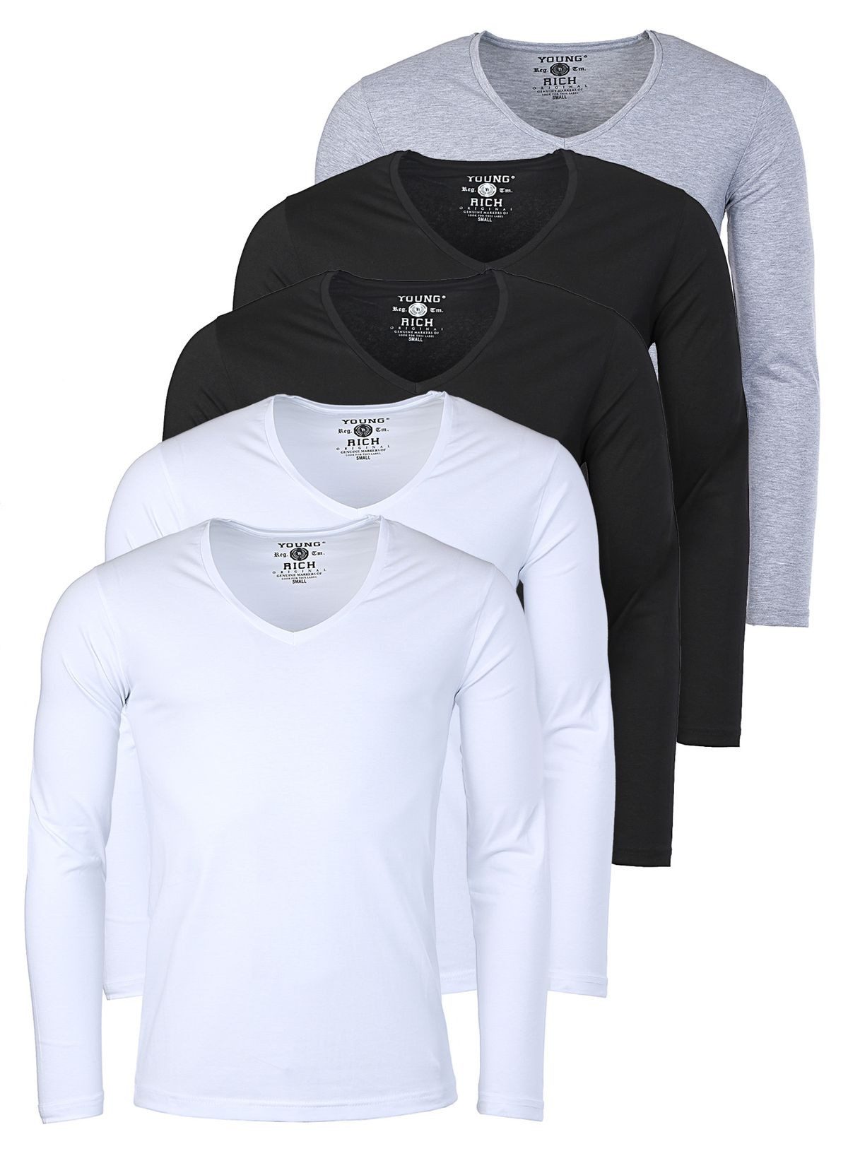 Young & Rich Langarmshirt Herren Uni Basic extra tiefer Ausschnitt Unterziehshirt 2239 5er Pack (5er-Pack, 5-tlg., 5er-Pack) V-Ausschnitt unifarben langarm slim fit