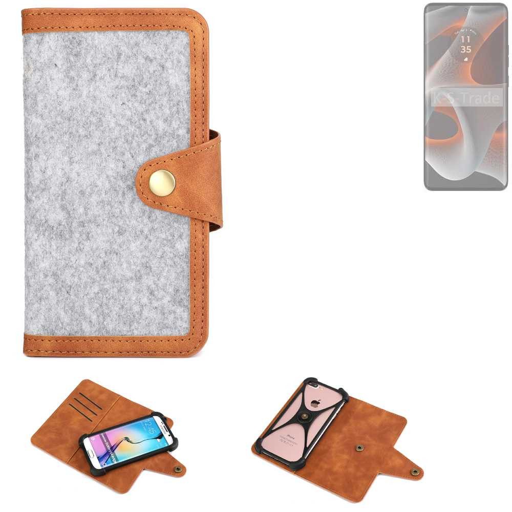 K-S-Trade Handyhülle für Motorola Edge 50 Pro, Handyhülle Schutzhülle Filz-Hülle Kunst-Leder hellgrau braun