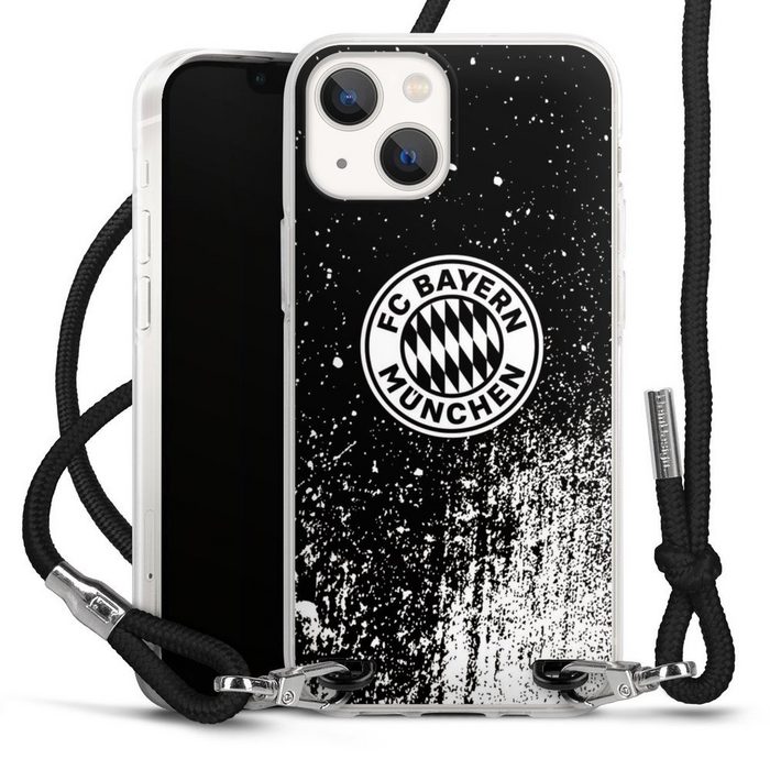 DeinDesign Handyhülle FC Bayern München Offizielles Lizenzprodukt FCB Splatter Schwarz - FCB Apple iPhone 13 Mini Handykette Hülle mit Band Case zum Umhängen