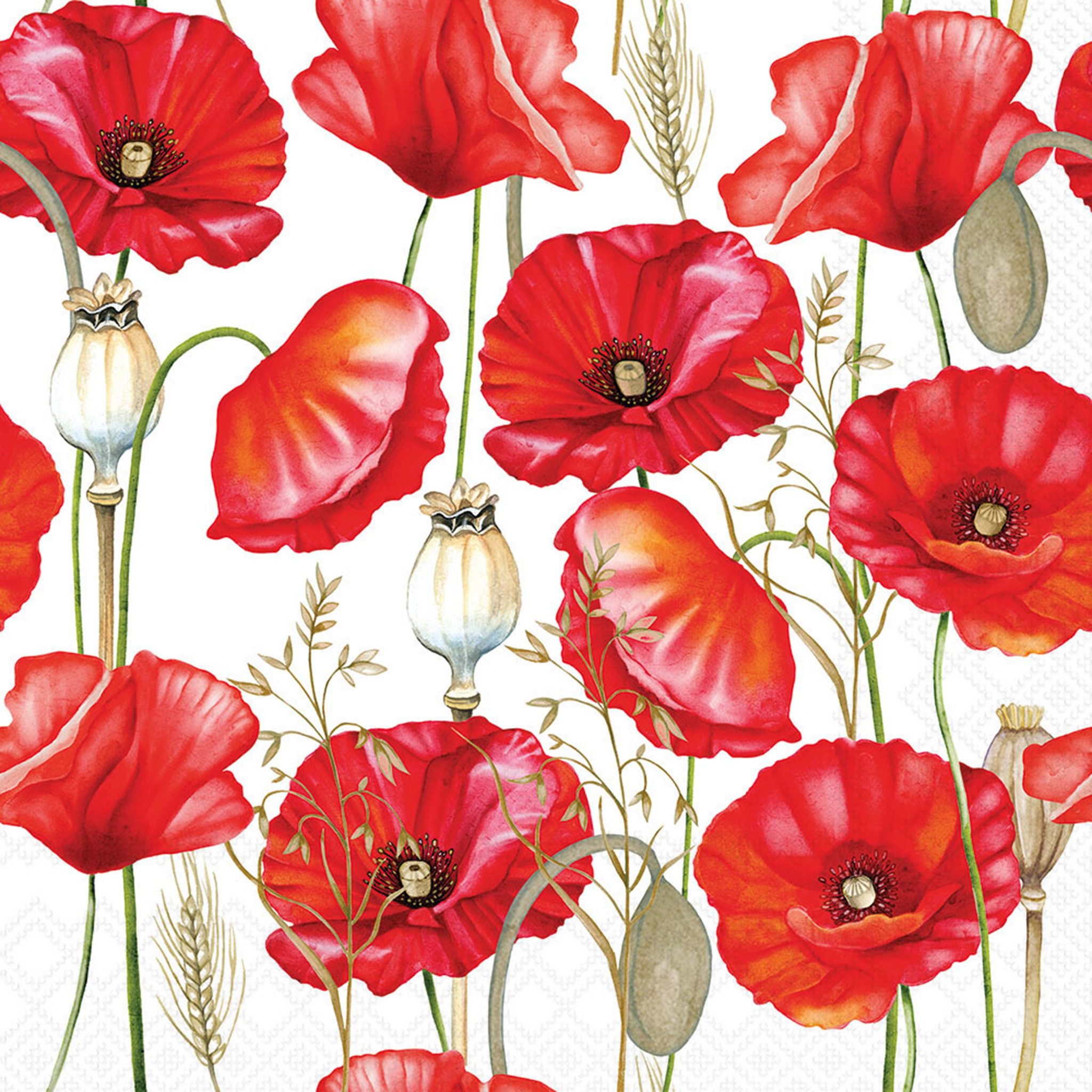 Ambiente Luxury Paper Products Papierserviette, Servietten Papier 33x33cm 3-lagig mit Mohnblumen Motiv 20 Stück
