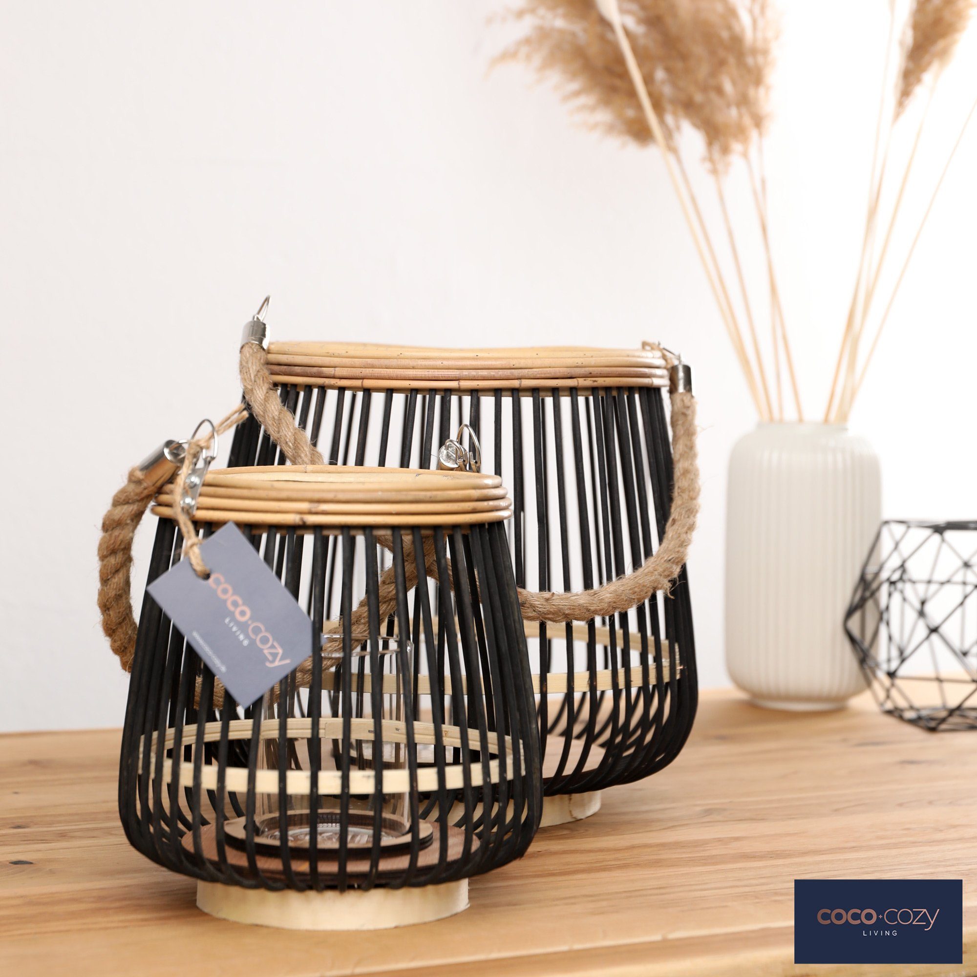 Candini Bodenwindlicht Windlicht "Ibiza", Ø 22,5cm, Bambus, Designobjekt, Henkel aus Jute