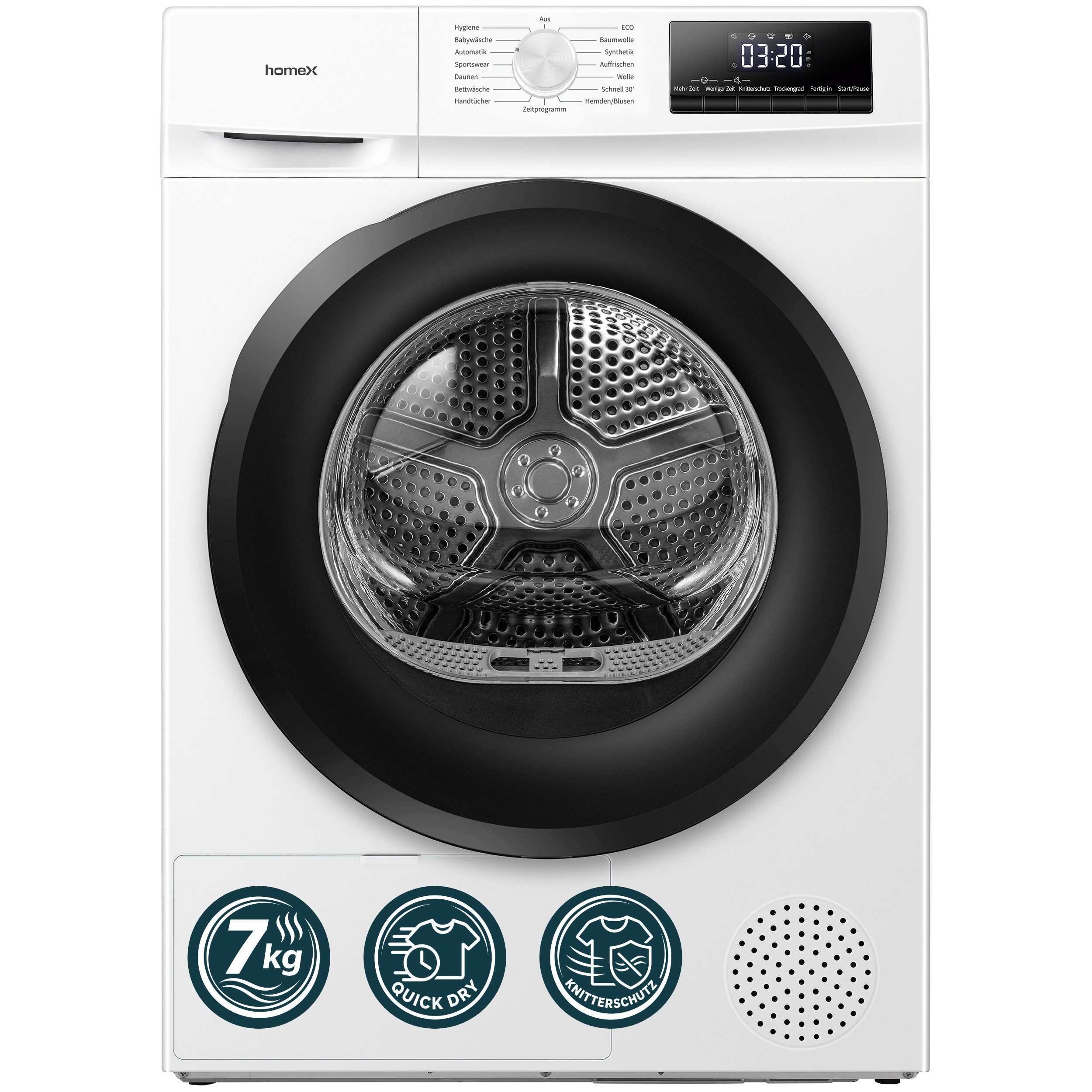 homeX Wärmepumpentrockner WT7H1E-W, 7kg Trockner mit Knitterschutz, Wäschetrockner mit 15 Programmen, weiß