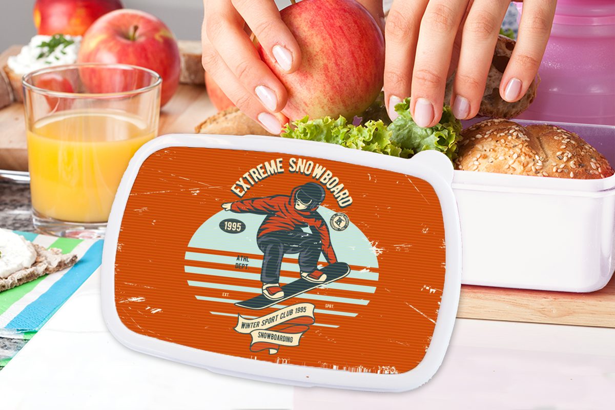 MuchoWow Lunchbox Snowboard Kunststoff, Mann Erwachsene, Brotdose, für - - Kinder und Zitat Jungs und (2-tlg), Mädchen - Vintage, für Brotbox weiß