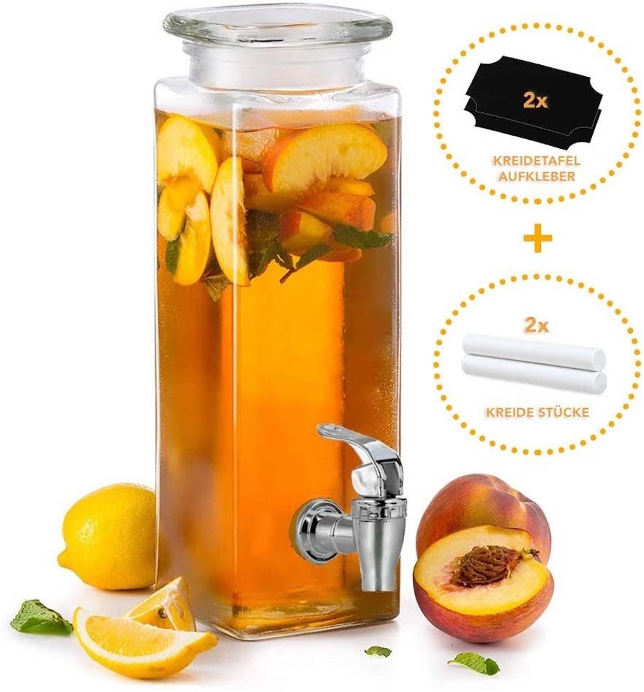 Getränkespender 2,5 Liter aus Glas, mit Zapfhahn, Retro Wasserspender, Limonadenspender, Saftspender, Bowle, Dispenser