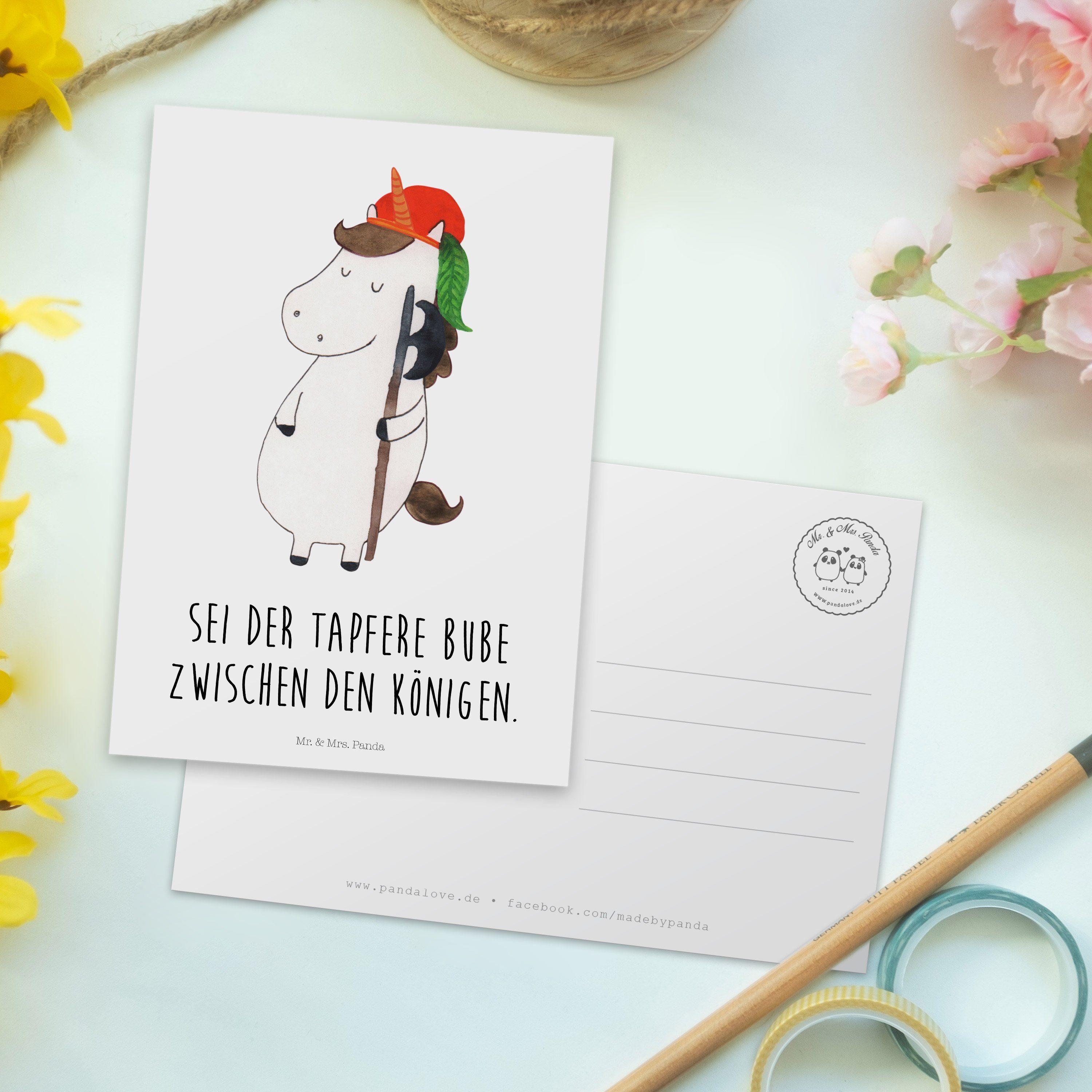 Weiß & Geschenk, Mrs. Einhörner, Pegasus, - Unicorn, Postkarte Bube Mr. Panda Einhorn - Mittelal