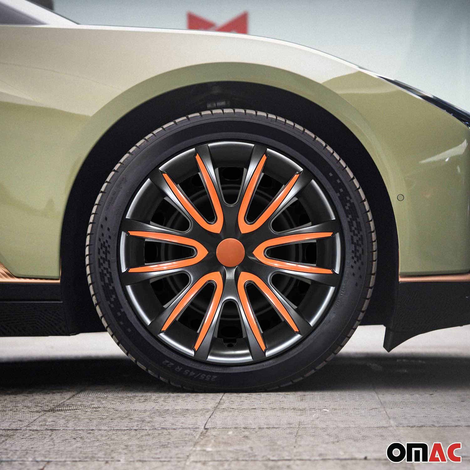 OMAC Wheel Covers 4x Wheel Covers 16 inch Black & Orange, (4-Piece Set) Easy Installation, Lightweight, Car Wash Safe