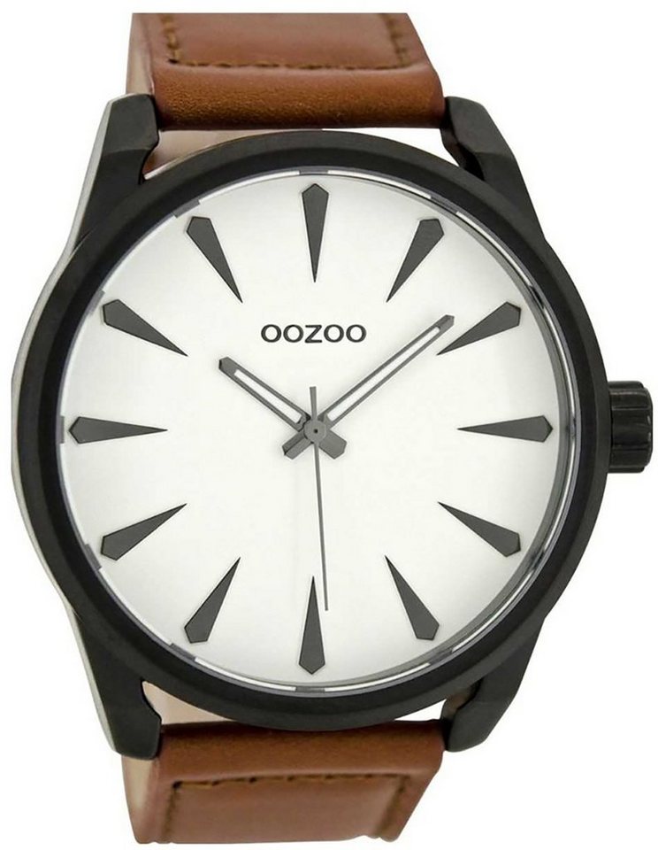 OOZOO Quarzuhr Oozoo Herren Armbanduhr braun, Herrenuhr rund, extra groß  (ca. 48mm) Lederarmband, Fashion-Style, Leuchtzeiger