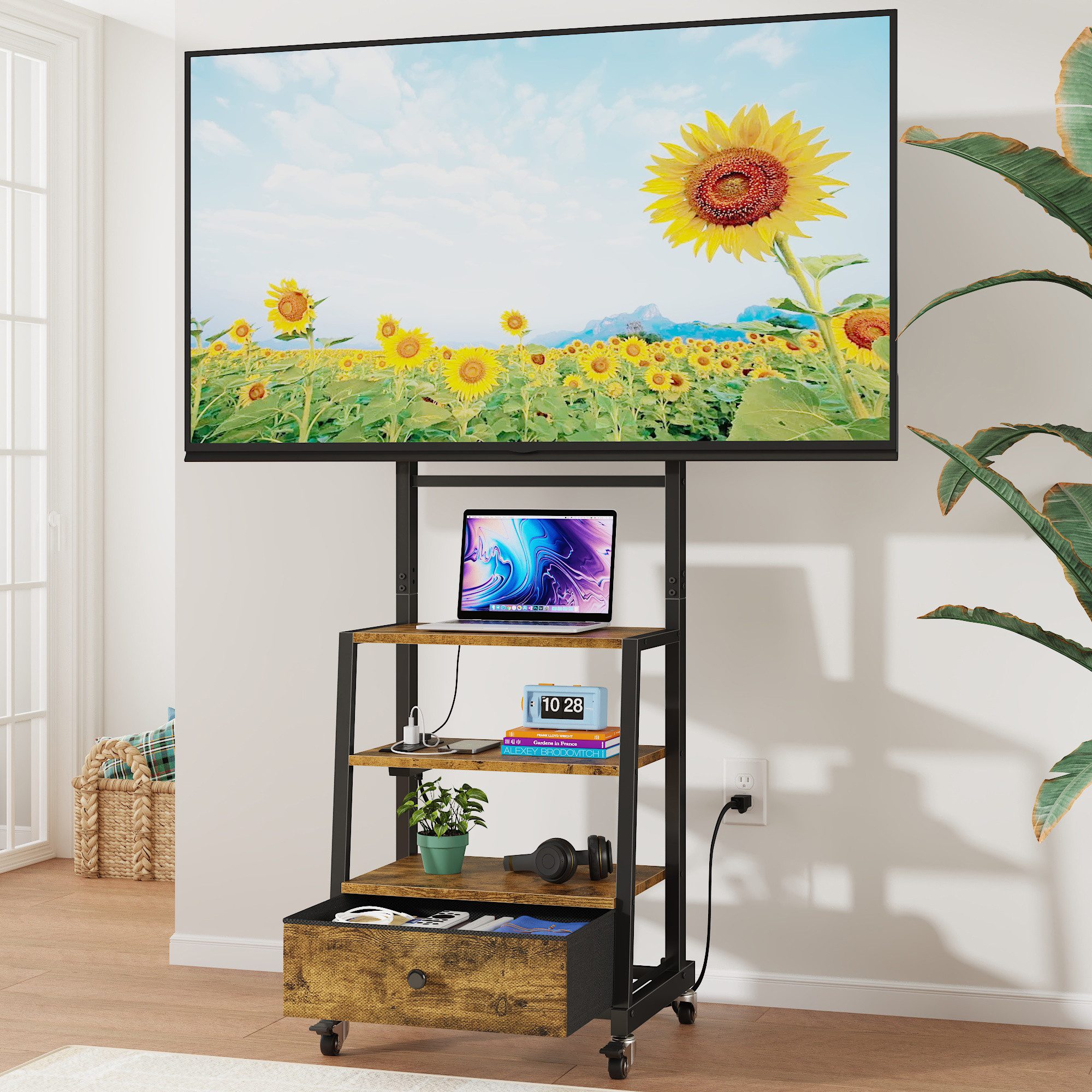OYRREU TV-Ständer auf Rollen, höhenverstellbar, mit Halterung, Steckdose, Stoffschublade, (bis 75 Zoll, TV-Wagen mit Ablage, Monitorständer 1-St., für Fernseher, Laptop, Meetingraum Ausstattung, Touchscreen Halterung, mit Stauraum, Mittelregal & Sicherheitsrollen, VESA kompatibel)
