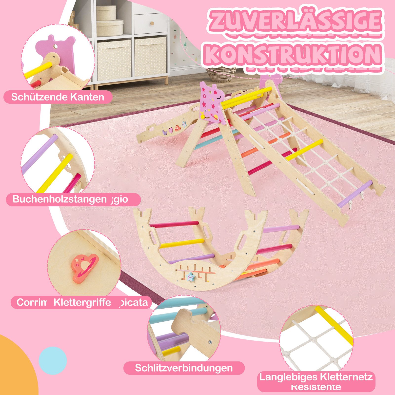 COSTWAY Klettergerüst, (4-St), mit Rutsche, Kletterbogen, Netz, doppelseitige Rampe
