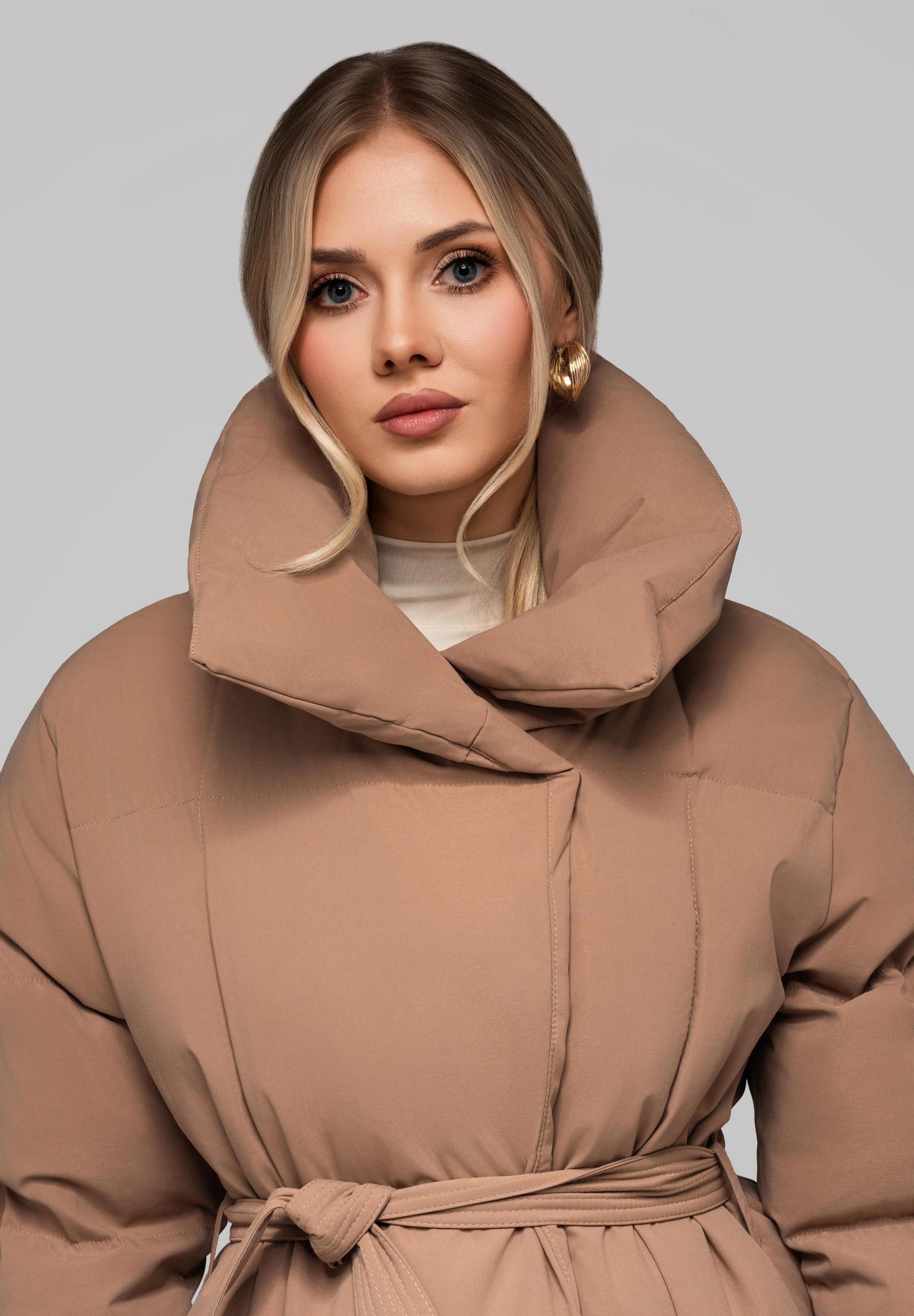 OMBRE Wintermantel Damen Steppmantel mit Bindegürtel und voluminösem Stehkragen Taillierter, langer Schnitt mit Bindegürtel