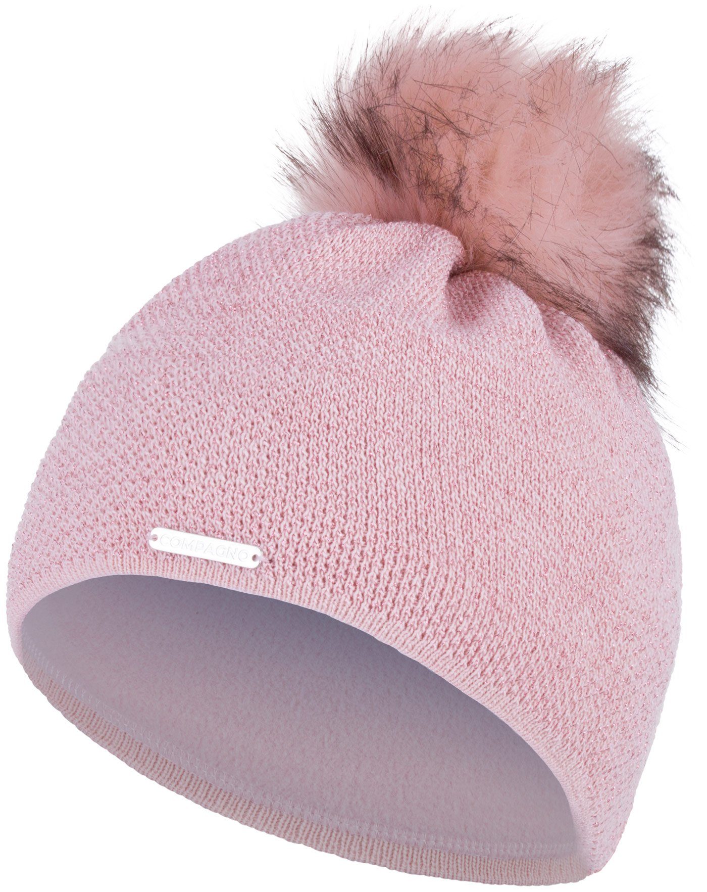 compagno Bommelmütze (1-St) Wintermütze Strickmütze Metallic-Garn Damen rose Mütze Beanie