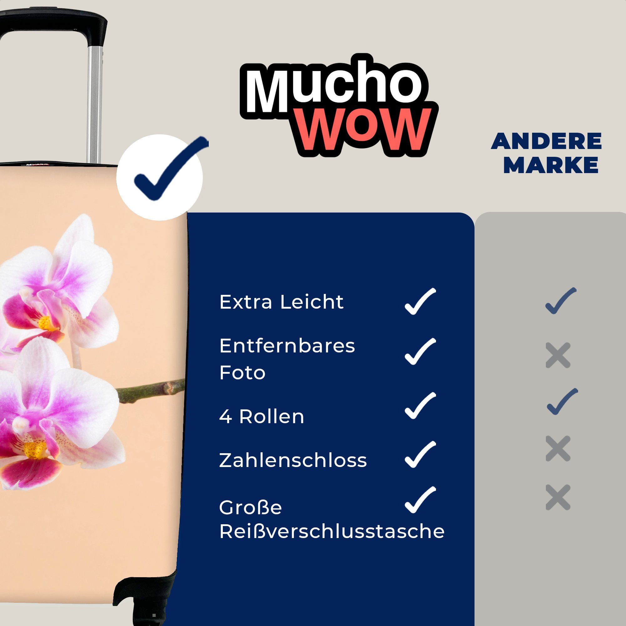 und Orchidee, Weiße für rosa Trolley, Ferien, 4 Reisetasche rollen, MuchoWow Handgepäckkoffer Handgepäck Rollen, mit Reisekoffer