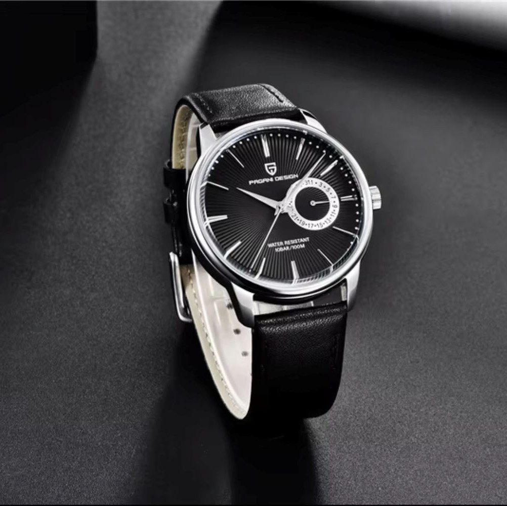 Pagani Design Quarzuhr Pagani Design Herenarmbanduhr Schwarz Blau-Zifferblatt Lederarmaband 1654