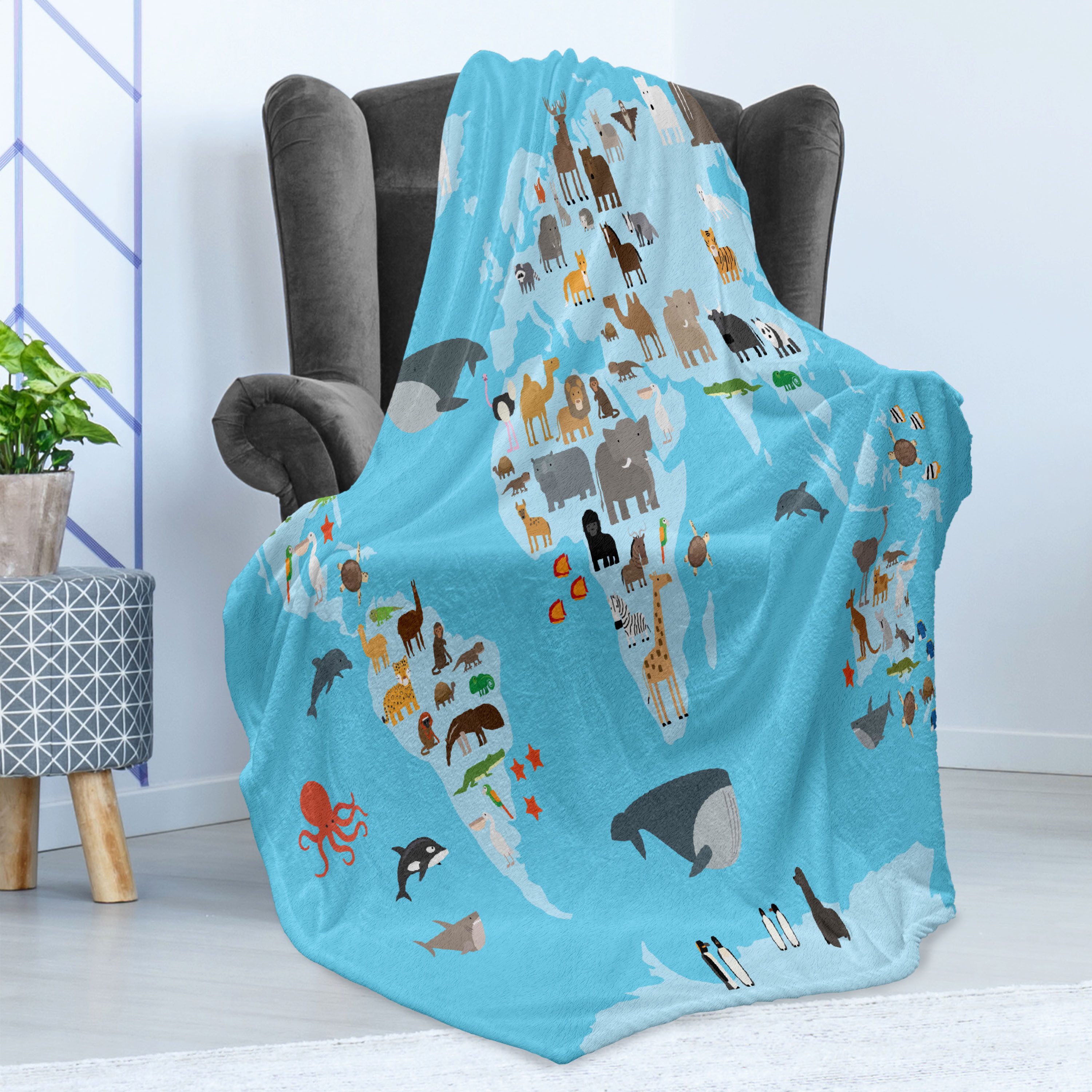 Wohndecke Gemütlicher Plüsch für den Innen- und Außenbereich, Abakuhaus, Erdkunde Führer Tiere Weltkarte