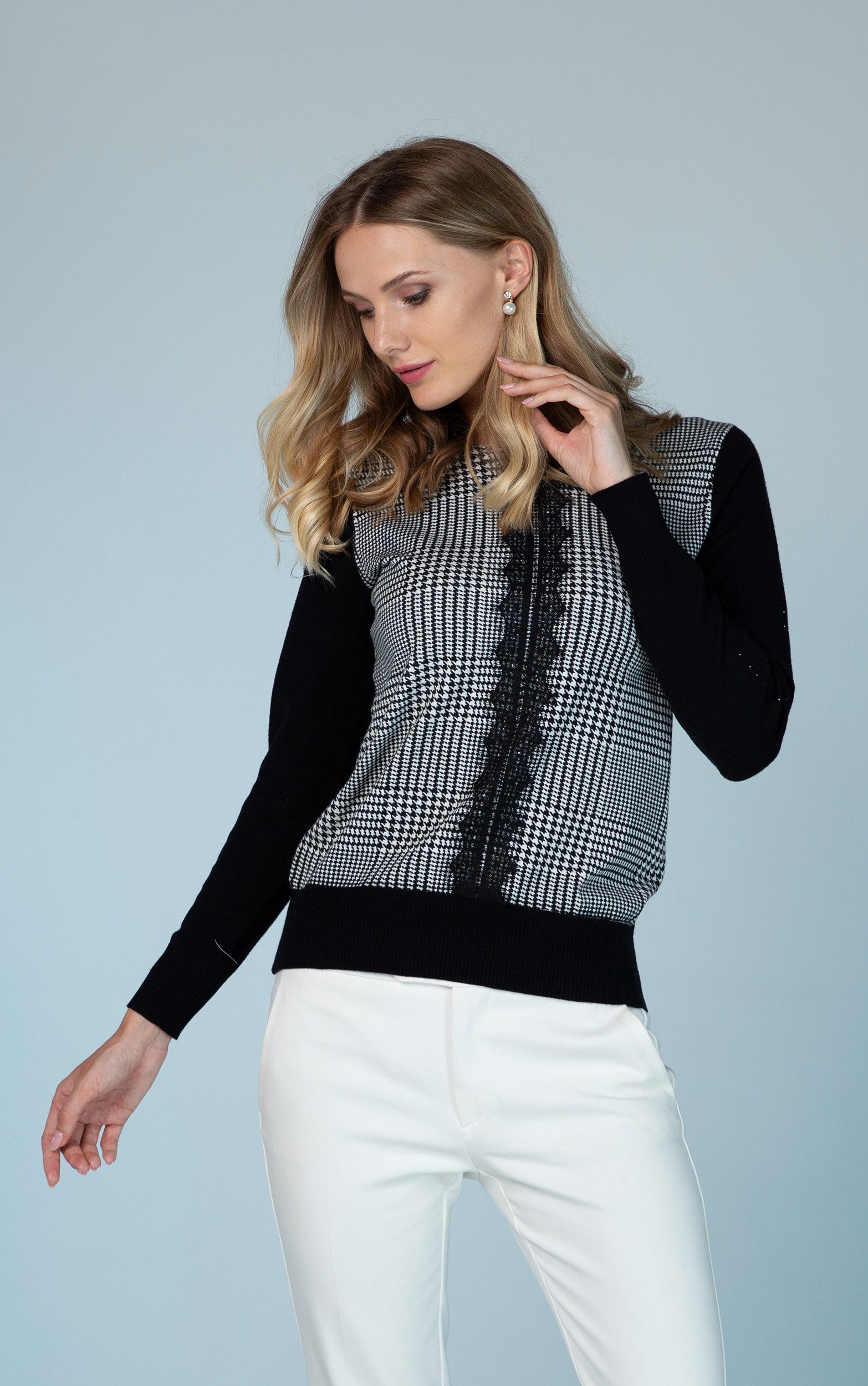 Passioni Strickpullover mit Hahnentrittmuster und Spitzendetail