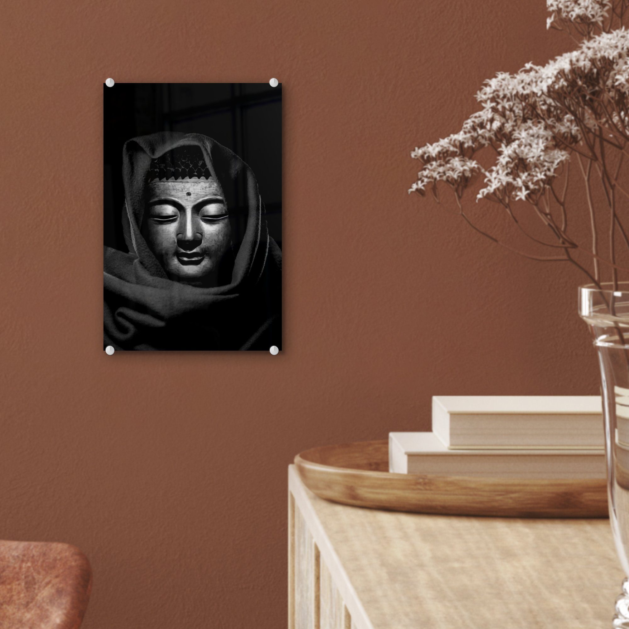 MuchoWow Acrylglasbild Kopf Glasbilder Kupferbuddhas bunt mit - Foto und Glas auf weiß, (1 St), Bilder Kopftuch eines auf Wanddekoration - - Glas Wandbild schwarz 
