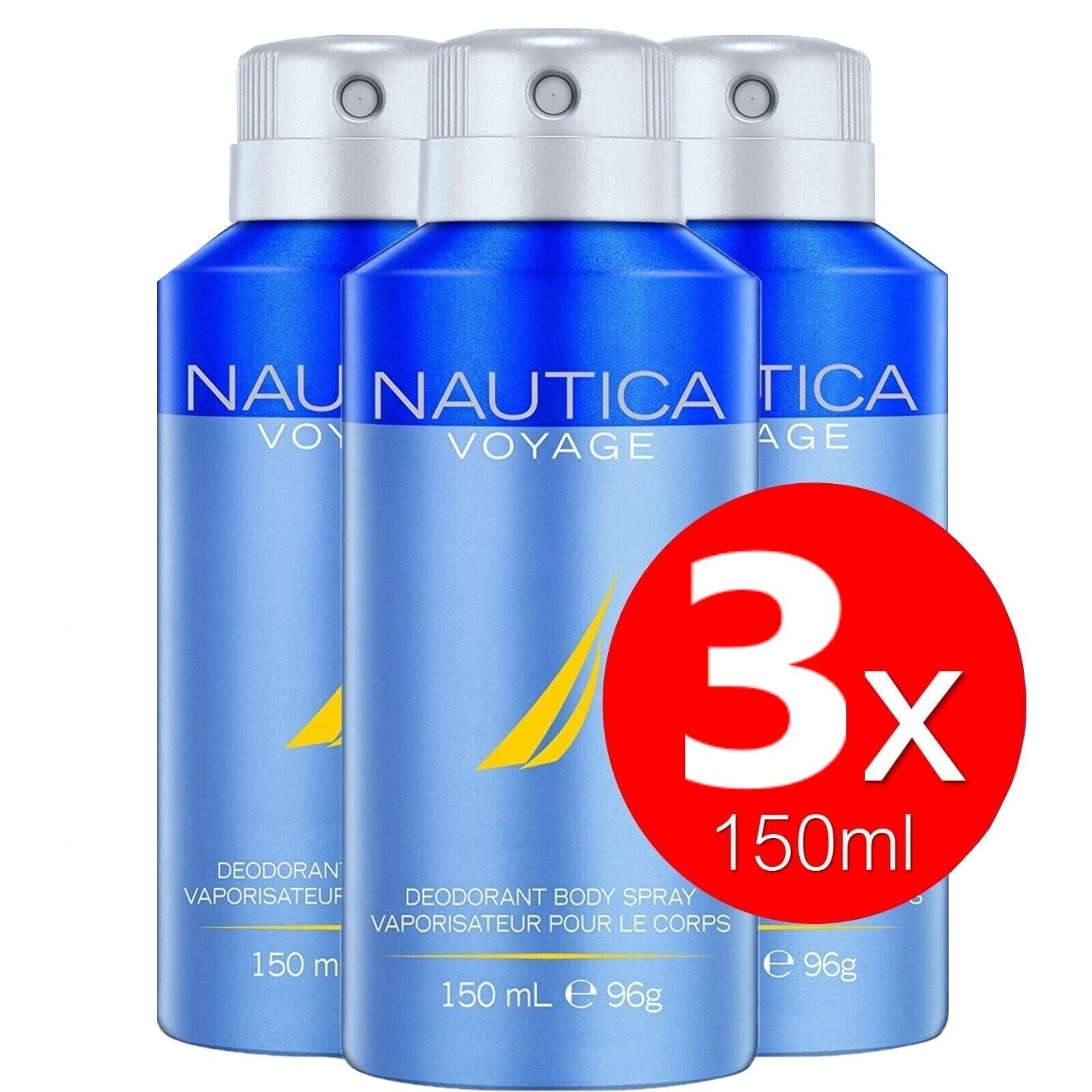 NAUTICA Deo-Spray Nautica Voyage 3x Deo Spray Set 150ml Bodyspray Beauty Deodorant, Deospray Schutz vor Körpergerüche und Achselnässe Deo-Spray kühle frische Antitranspirant Schutz für Achseln Herren Männer, 3-tlg., 24 Stunden Schutz aromatisch frischer Herrenduft Duftspray | Deosprays