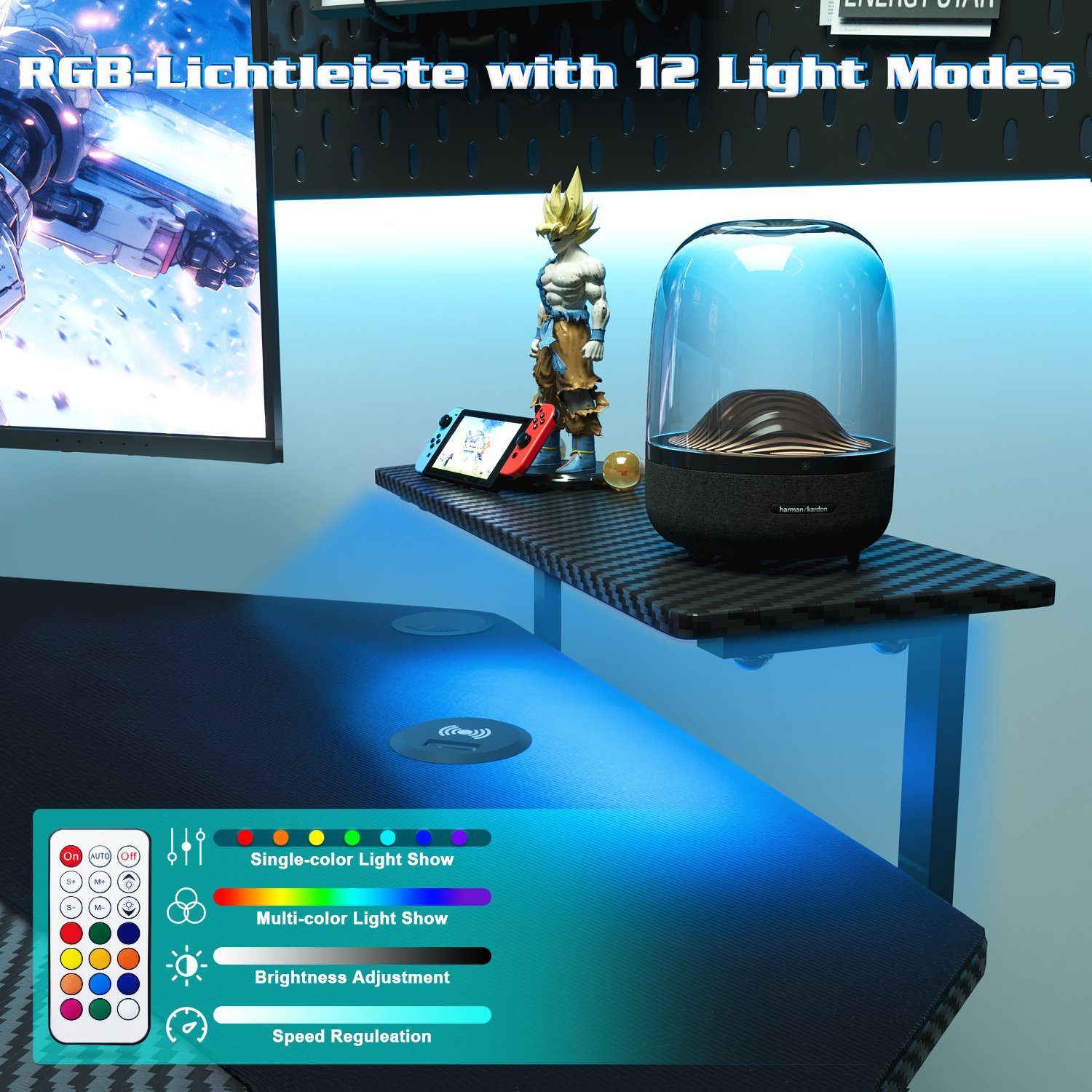 mit Computertisch 180cm mit Gaming HOMALL Tisch Gamingtisch Tastaturablage LED