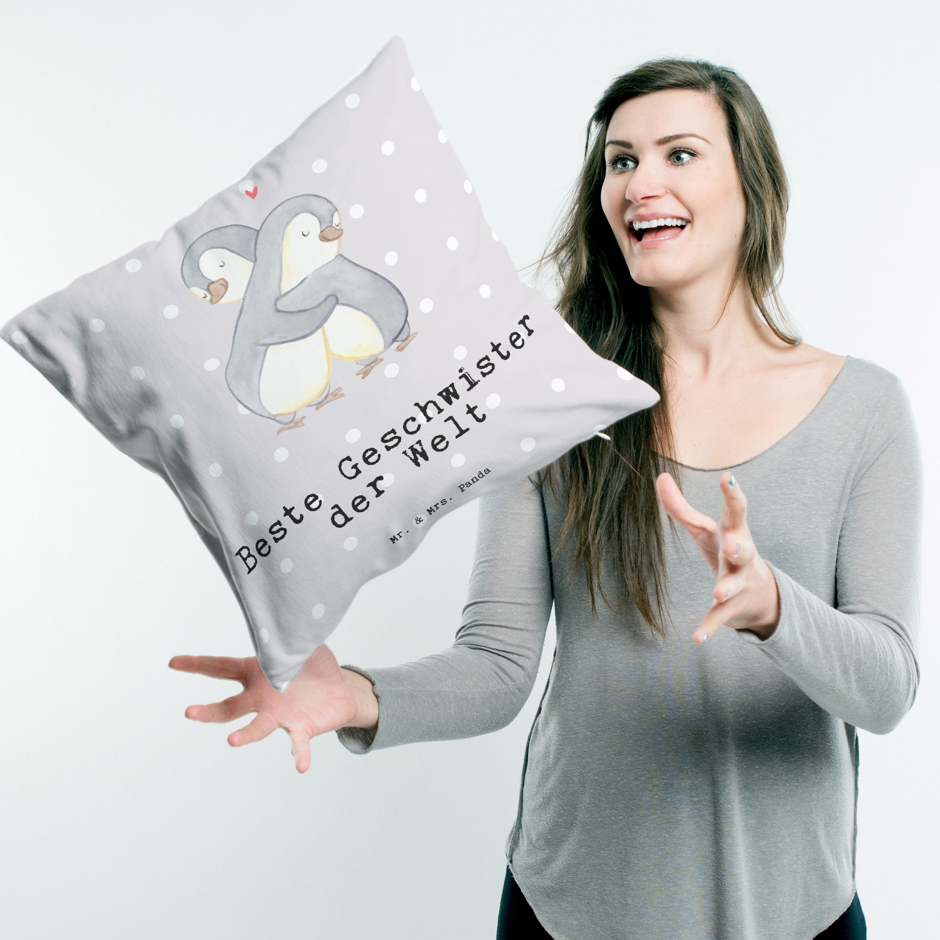 - Mrs. Mr. & - Geschenk, Pinguin der Welt Geschwister Panda Grau Pastell Dekokissen Geschen Beste