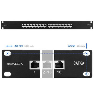 deleyCON deleyCON CAT 6a Patchpanel 16 Port 19" Rack Server geschirmt 16x RJ45 Netzwerk-Patch-Panel