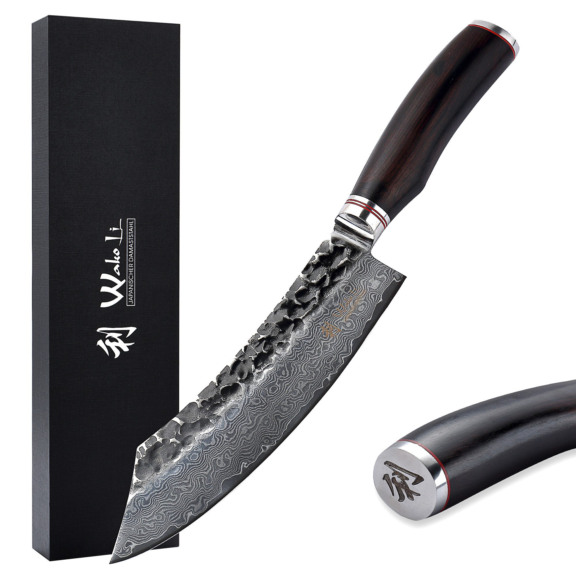 Wakoli Fleischmesser EBO Damast BBQ- und Blockmesser Kochmesser Küchenmesser 20 cm Klinge, Damaststahl, VG10 Kern