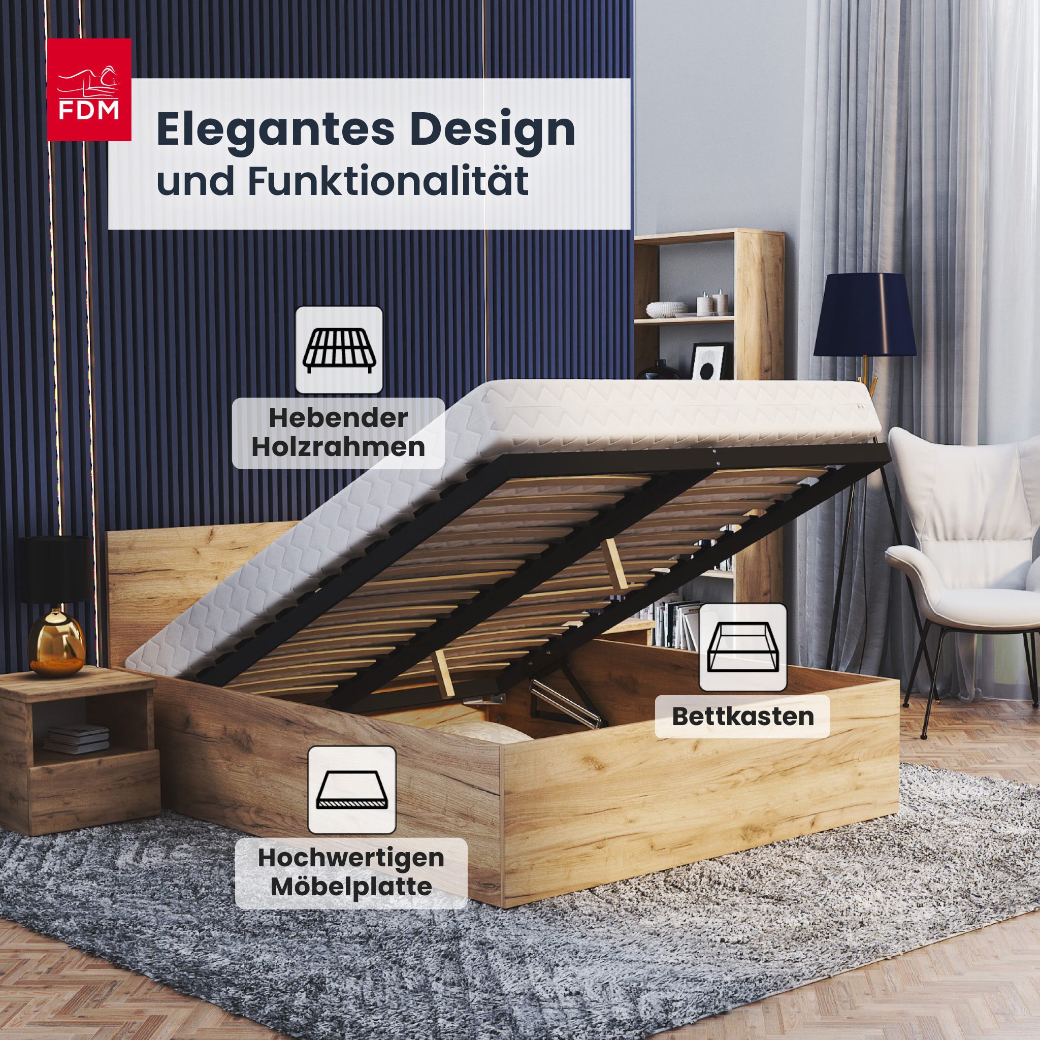 FDM Stauraumbett Bett Stauraumbett PANAMA SP Bettgestell 140x200 & weitere Größen (verfügbar 90x200 120x200 140x200 160x200 180x200cm, Bettrahmen, Bett, mit großen Kopfteil, mit Bettkasten zum aufklappen), mit/ohne Matratze
