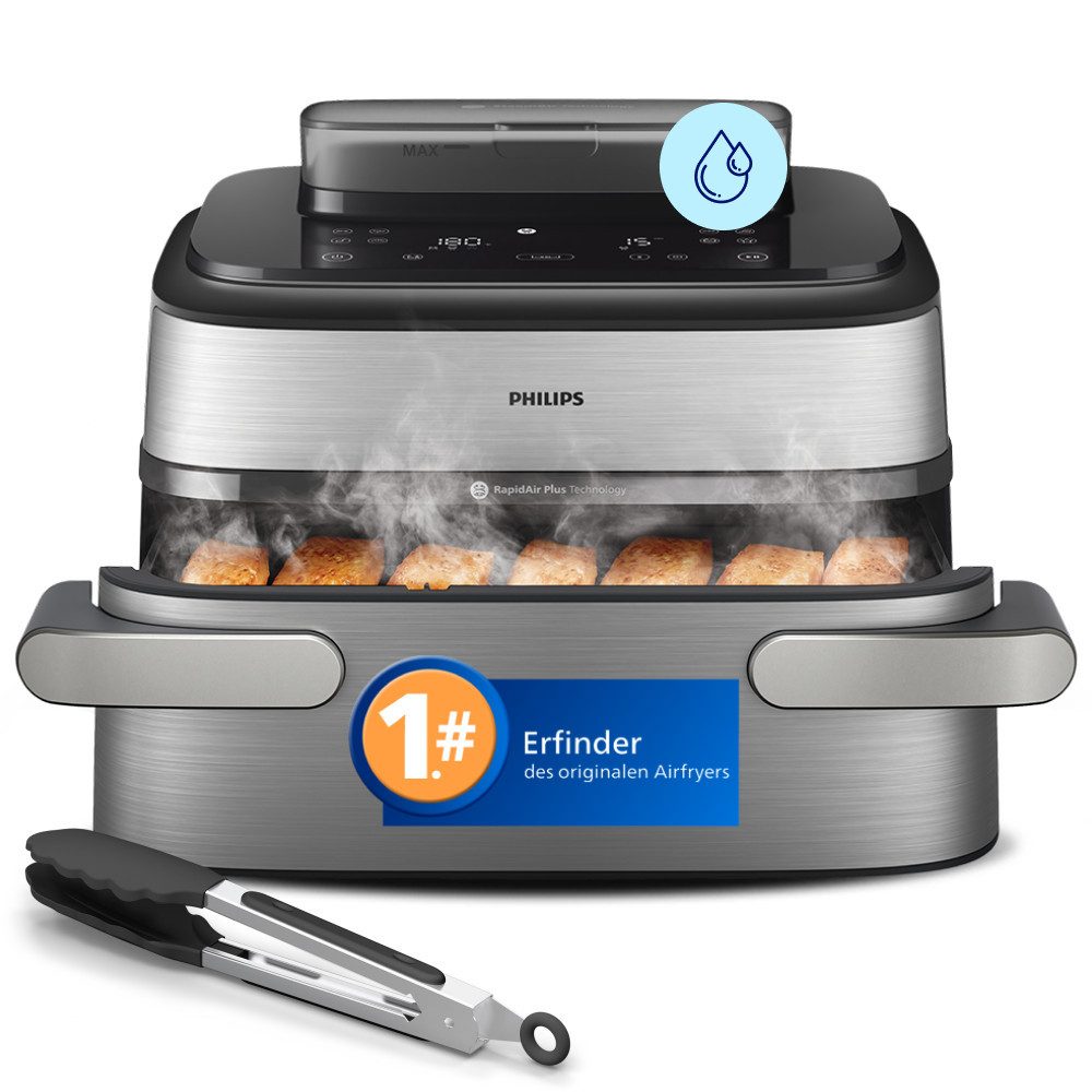 Philips Heißluftfritteuse NA565/02 Steam Airfryer 5000 Series Megabasket, 9,5L Kapazität, 2750 W, mit Dampfgarfunktion u. RapidAir Plus Technologie, inkl. Servierzange