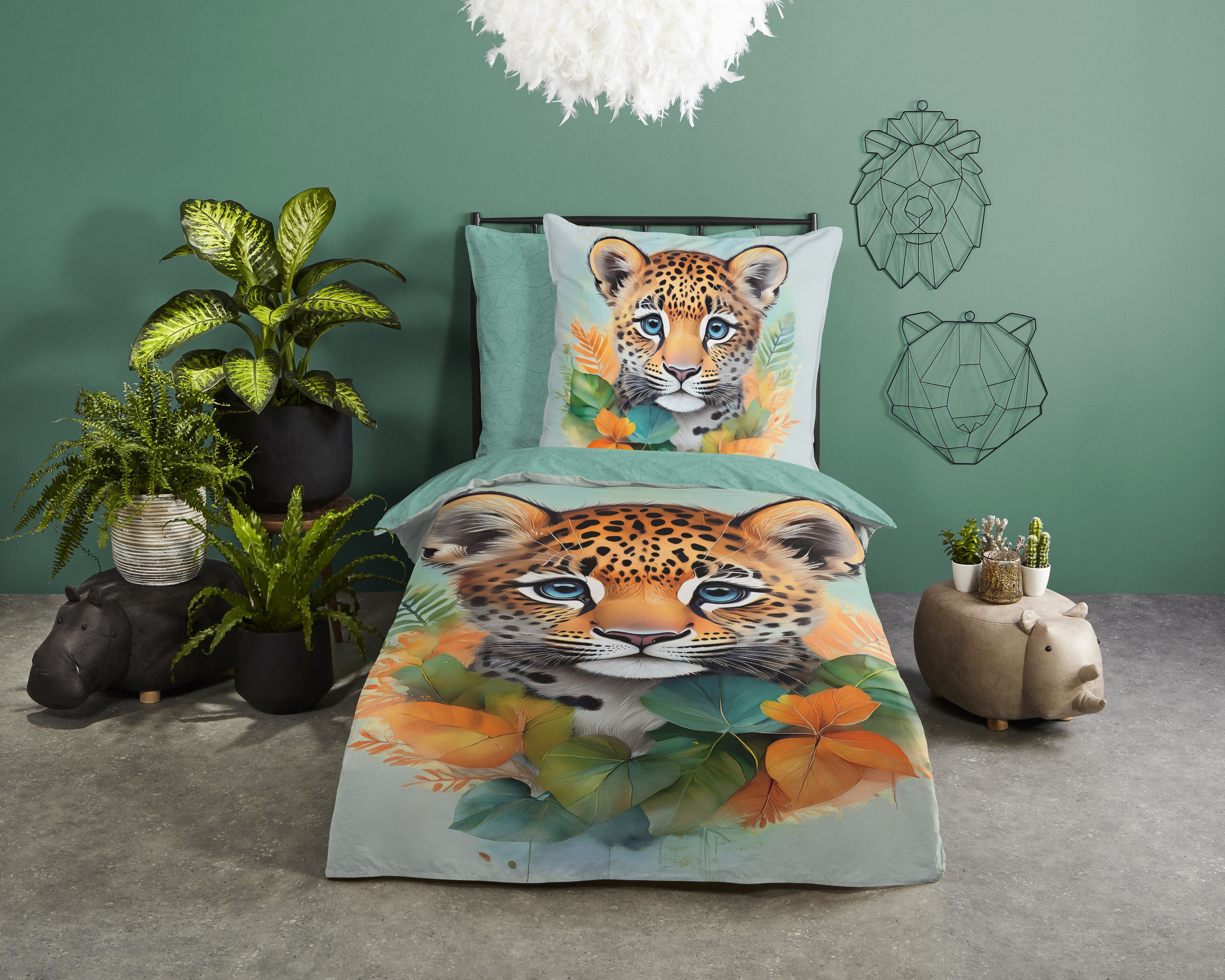 good morning Kinderbettwäsche Lodewijk, Renforcé, 2 teilig, Baumwolle, Renforcé, 135x200, Wendeoptik, Kind, Leopard, Boho