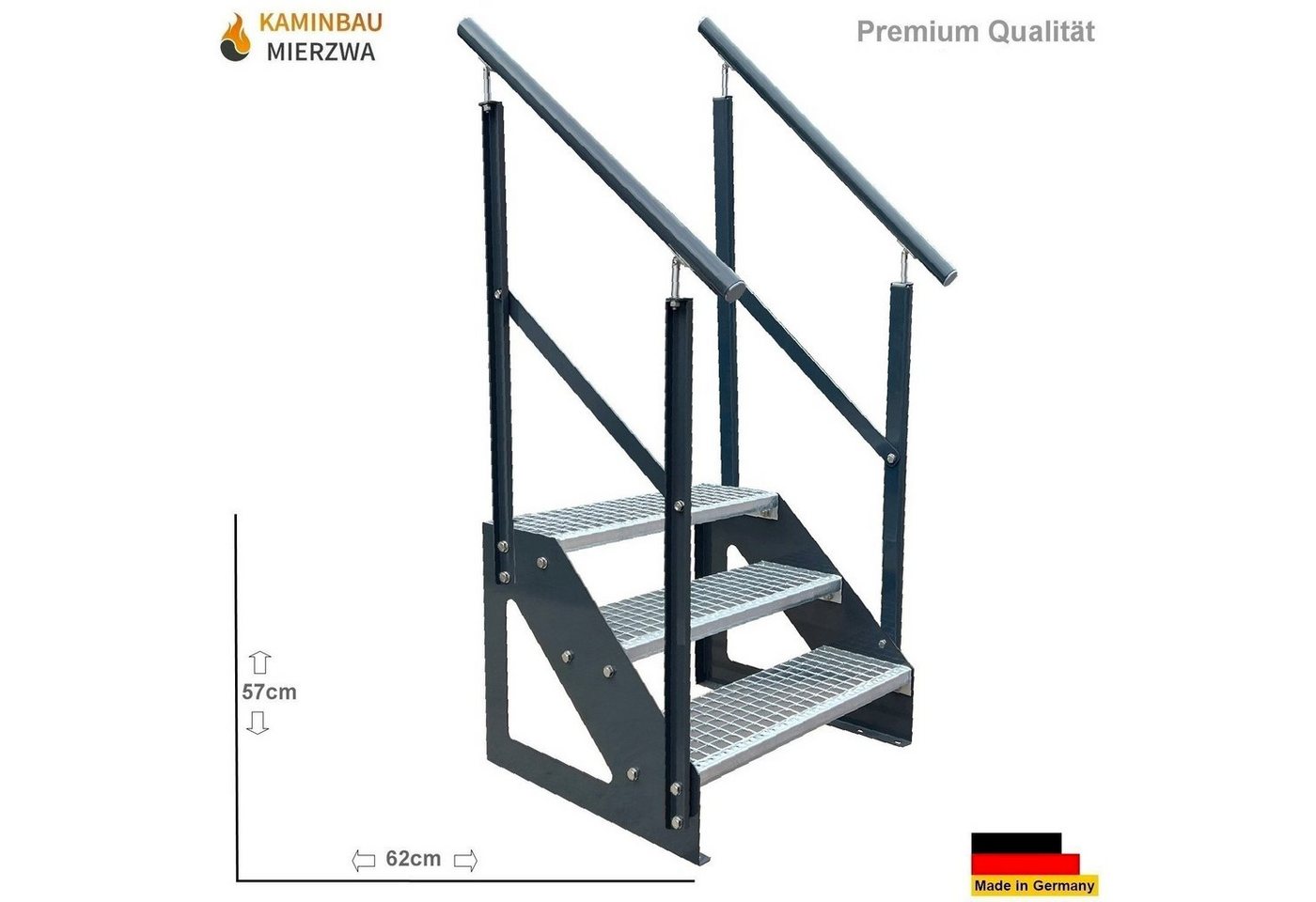 Thumbnail - Kaminbau Mierzwa Außentreppe Premium Treppe Anthrazit mit oder ohne Geländer, für Geschosshöhen bis 57.00 cm, Stufen Git...