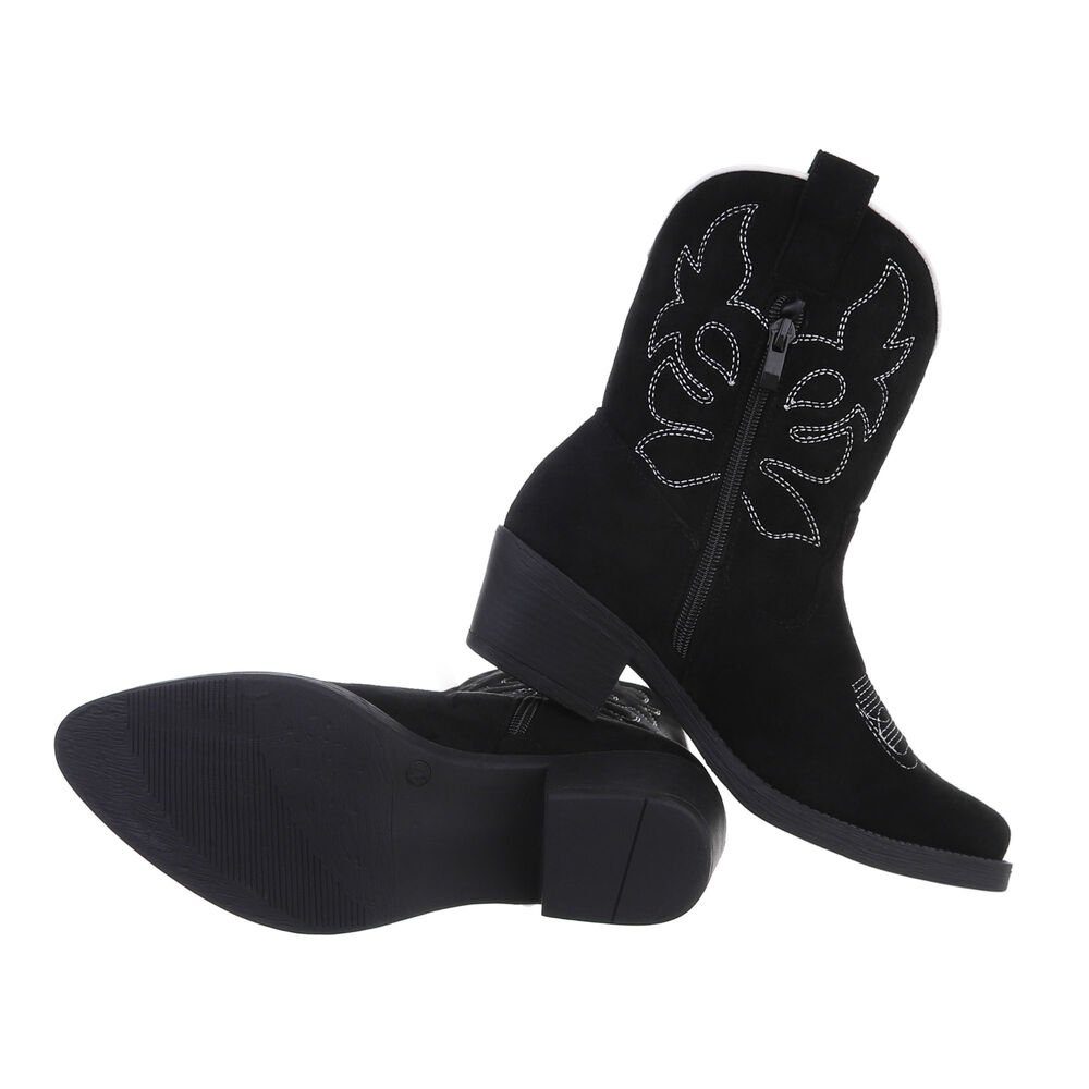 Damen Bikerboots & Cowboyboots Western Blockabsatz Westernstiefelette Western- Ital-Design Schwarz in