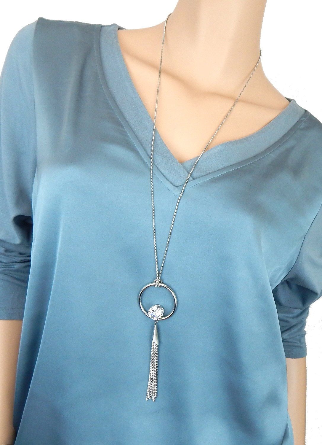 Ella Jonte Lange Kette, silber großer Solitär Strass Stein günstig online kaufen